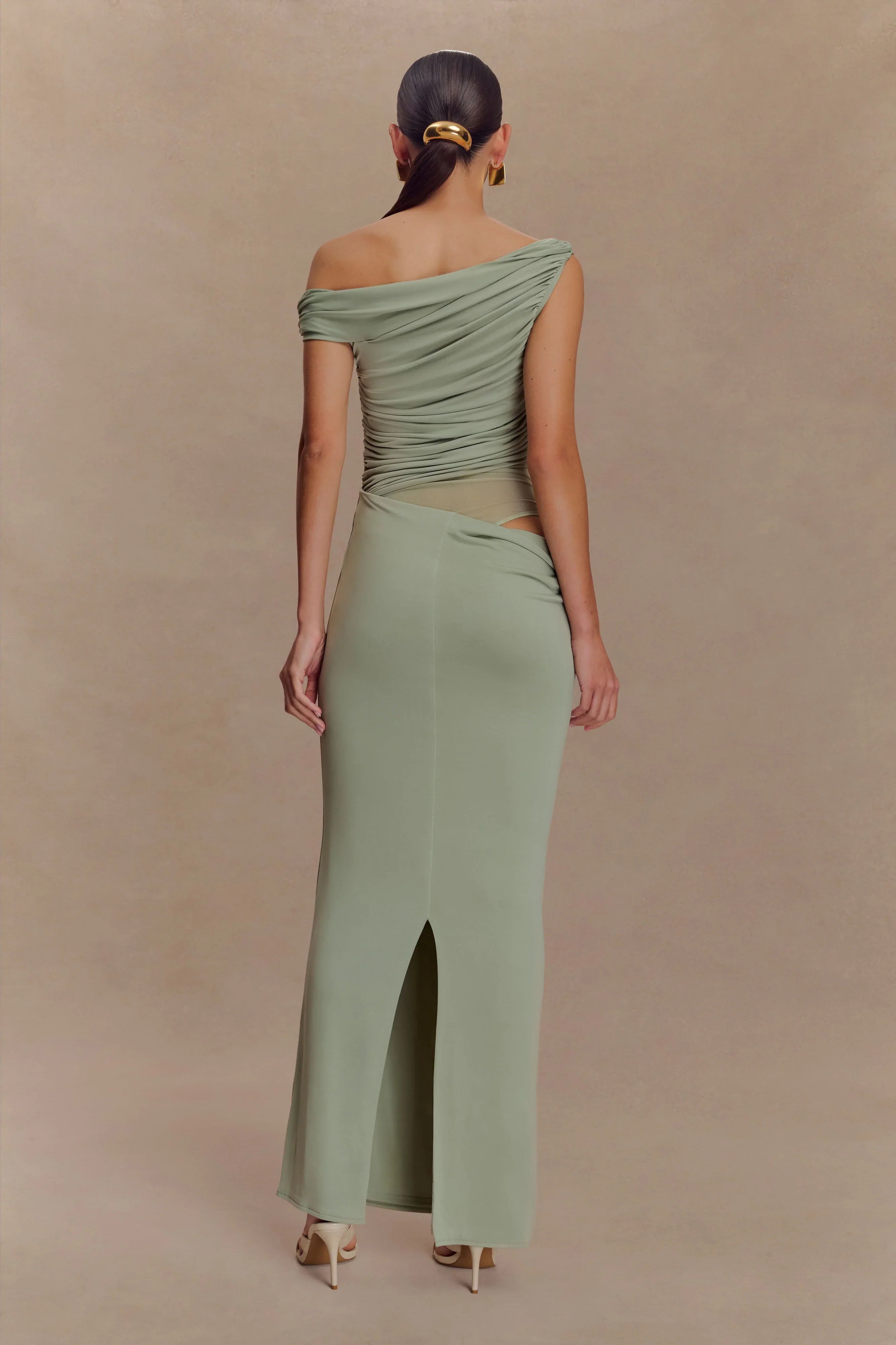 Callen One Shoulder Slinky Maxi Dress Sage