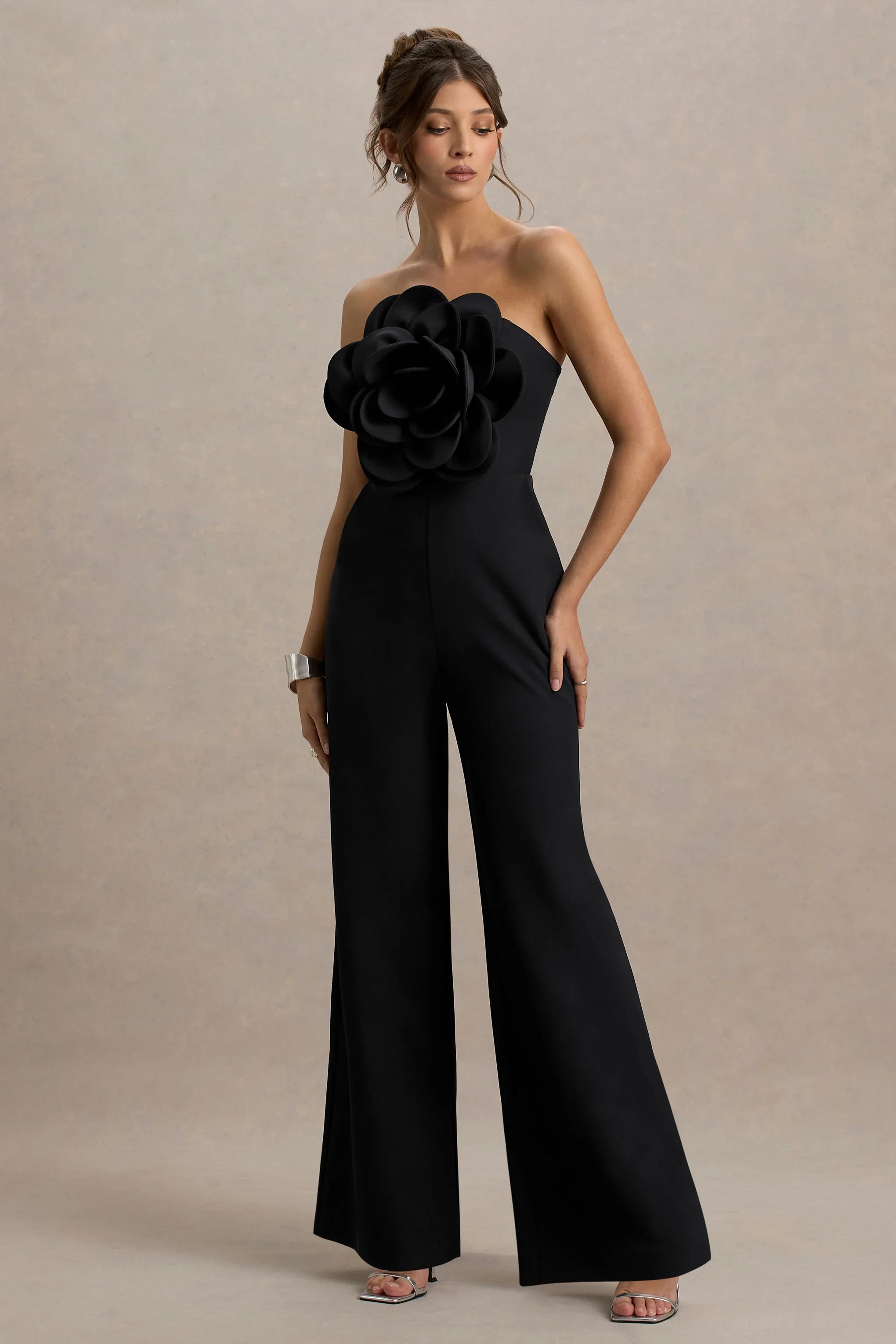 Opia Black Bandeau Wide Leg Jumpsuit With Large Floral Corsage