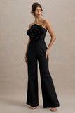 Opia Black Bandeau Wide Leg Jumpsuit With Large Floral Corsage