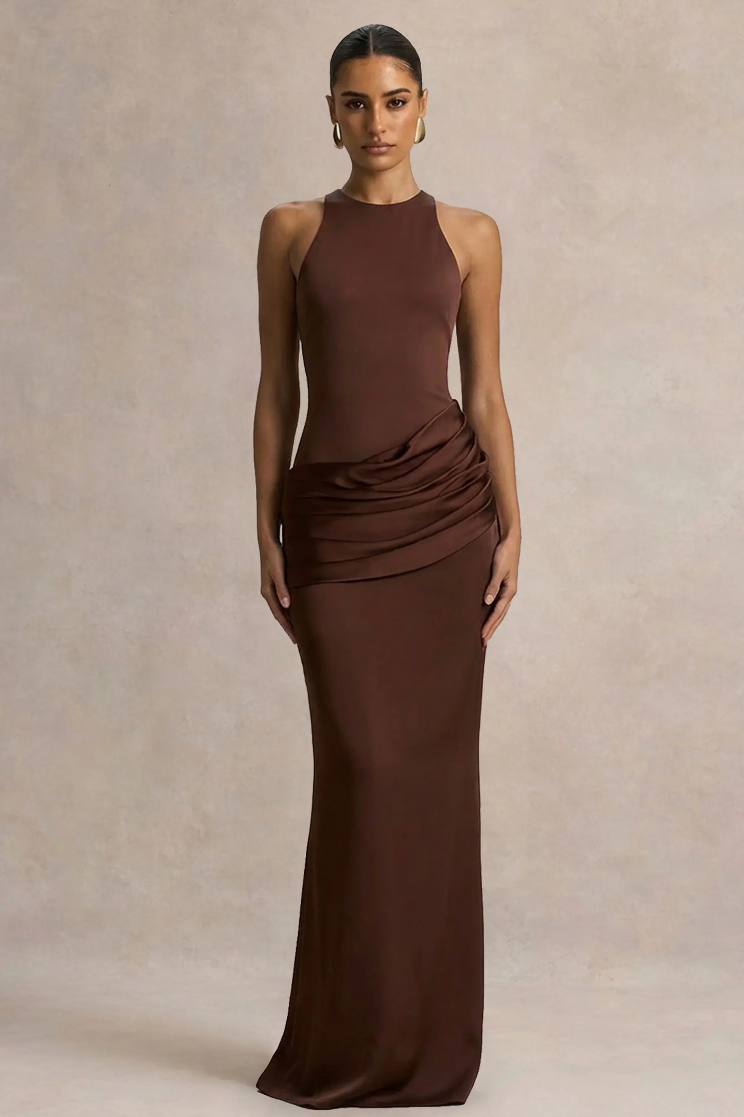 Akari Brown Crew Neck Maxi Dress With Satin Skirt