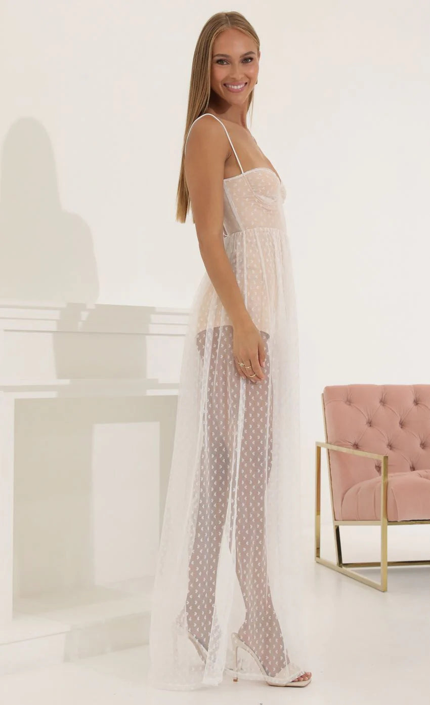 Heart Tulle Corset Maxi Dress in White