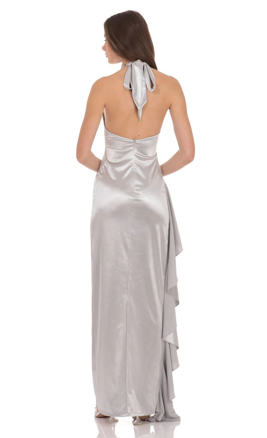 Satin Plunge Neck Halter Maxi Dress in Silver