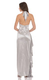 Satin Plunge Neck Halter Maxi Dress in Silver