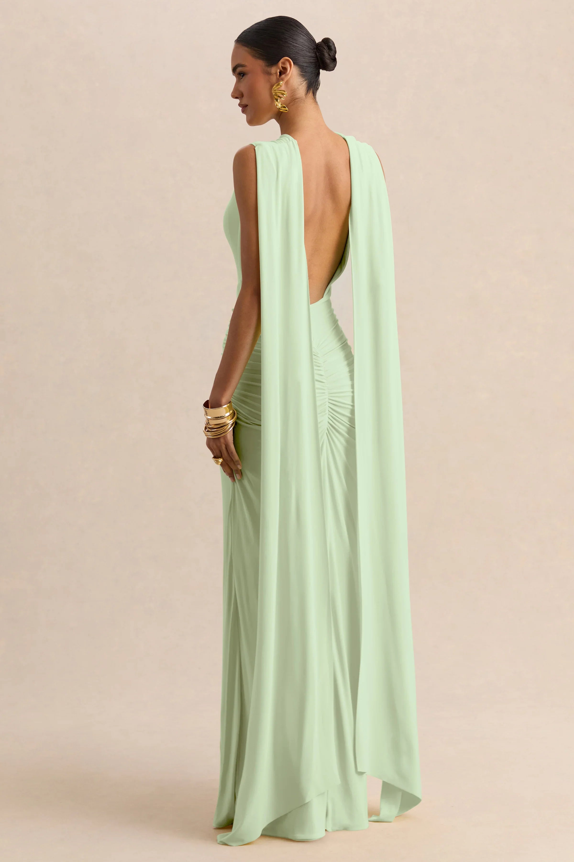 Premiere Mint Boat Neck Maxi Dress With Cape Sleeves And Open Back