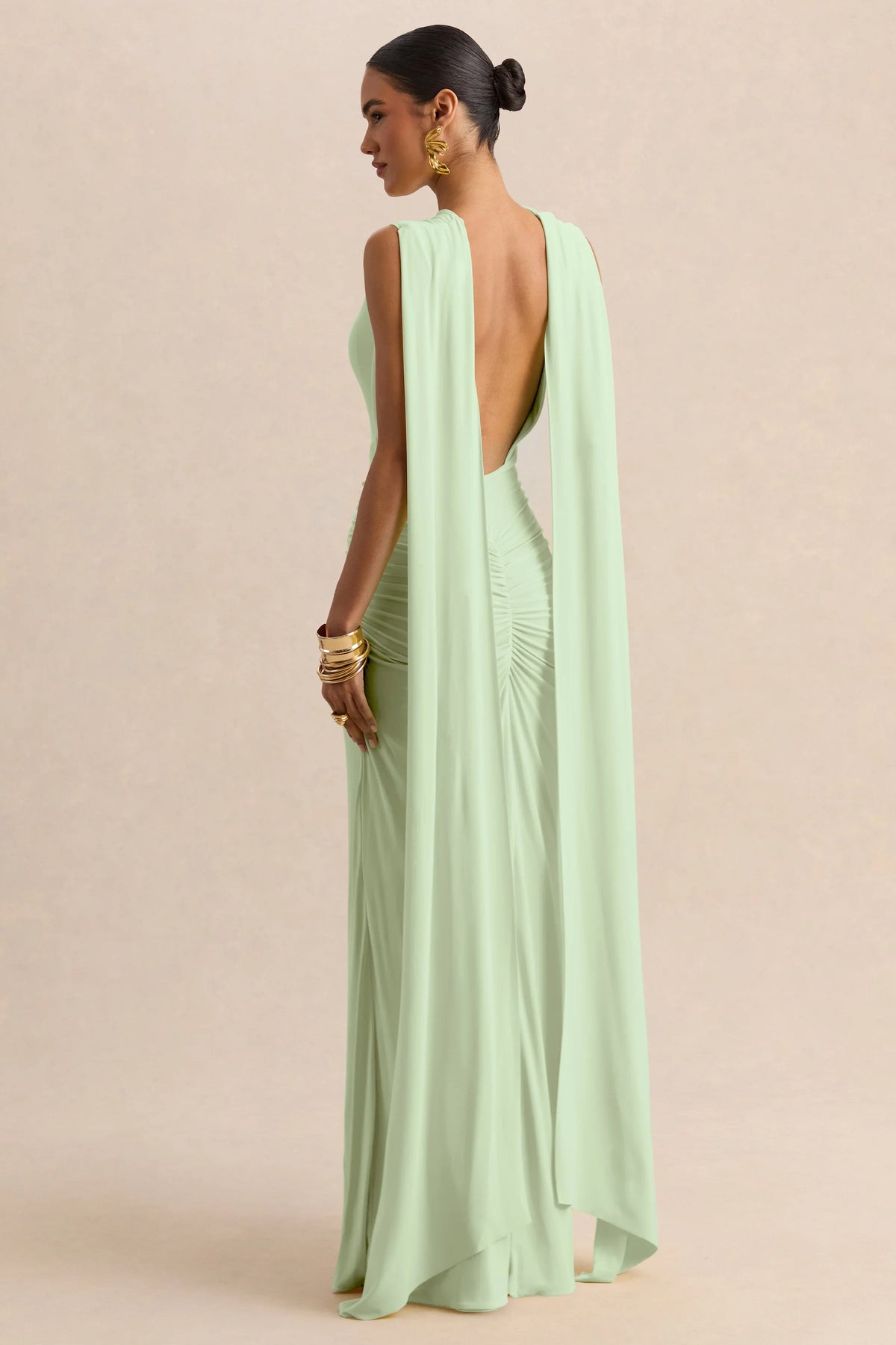 Premiere Mint Boat Neck Maxi Dress With Cape Sleeves And Open Back