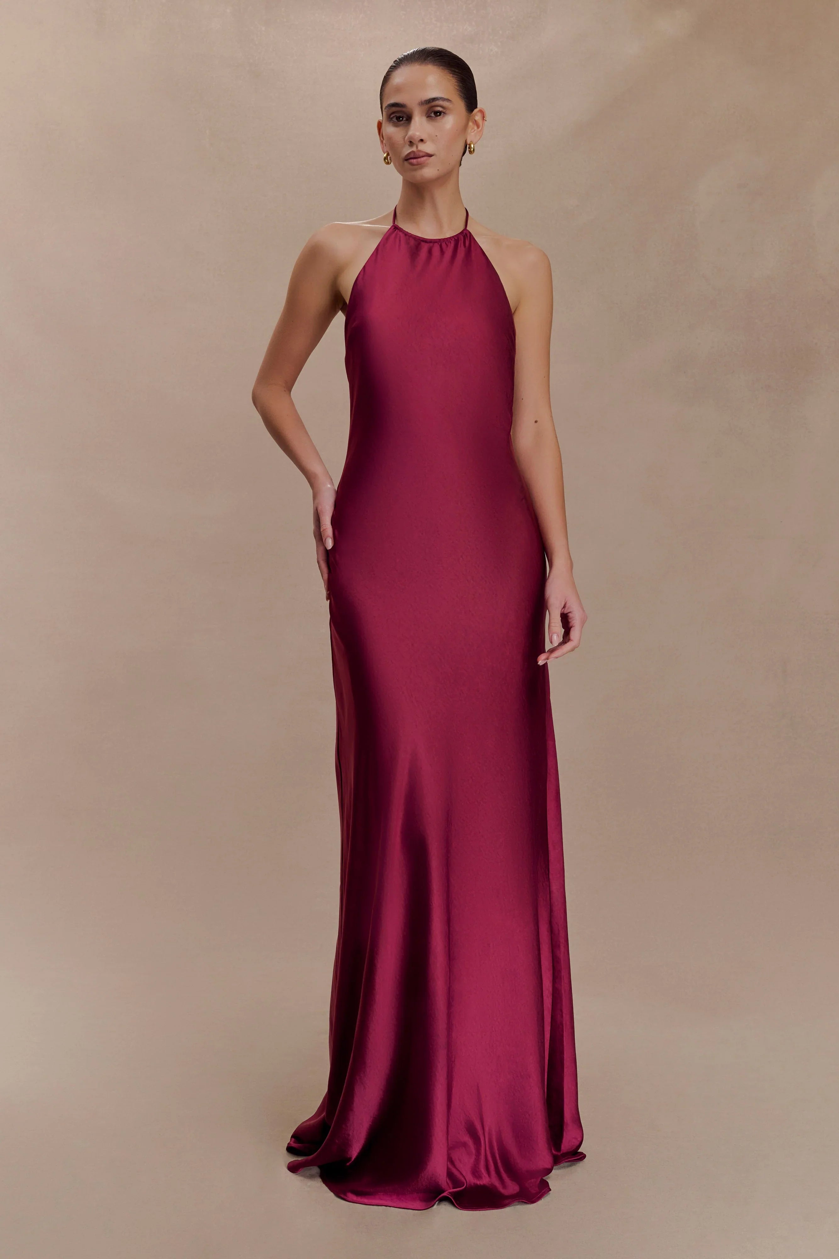 Bella Satin Halter Maxi Dress Mahogany