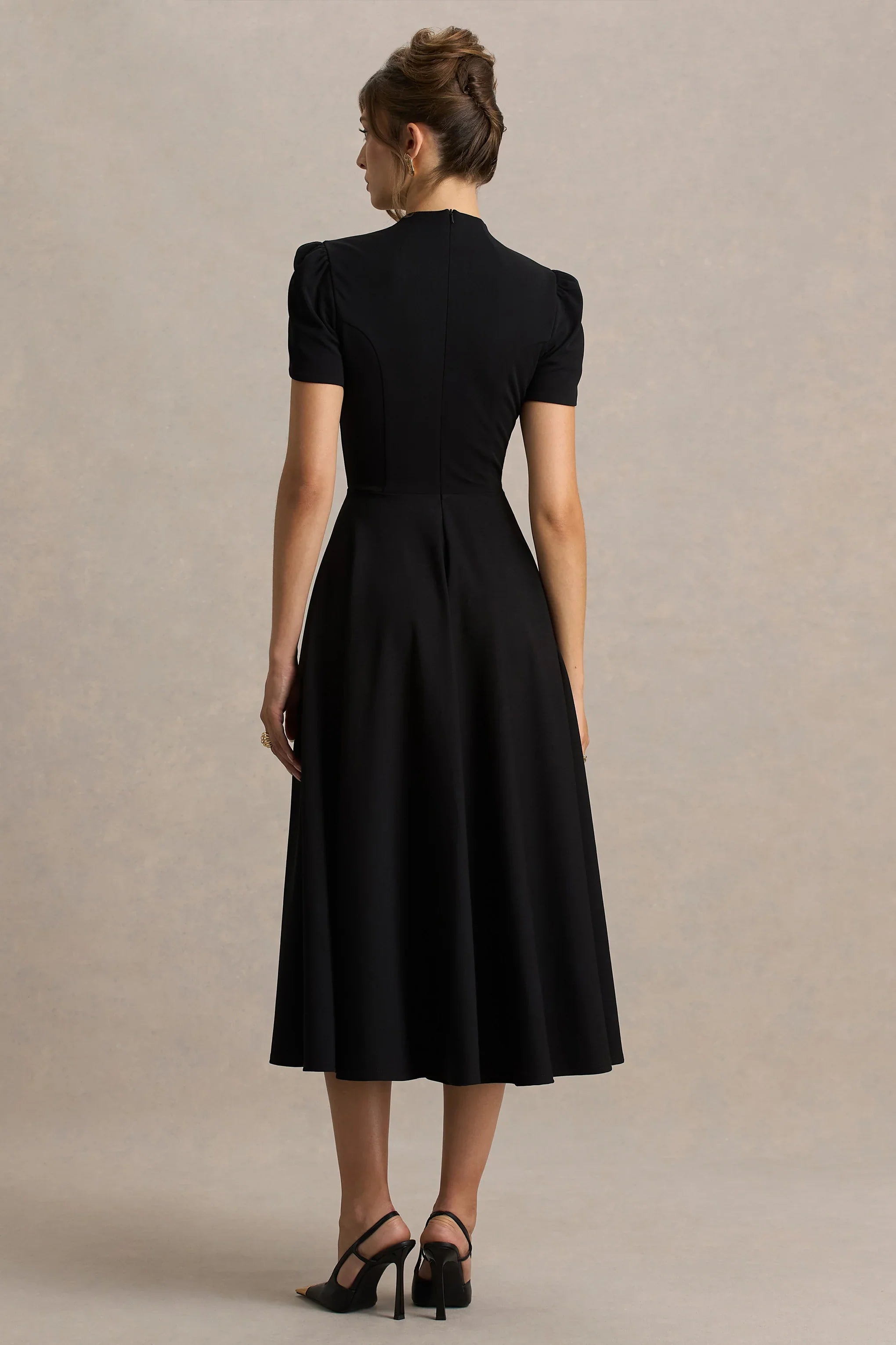 Vicky Black High Neck Midi Dress With Puff Sleeves