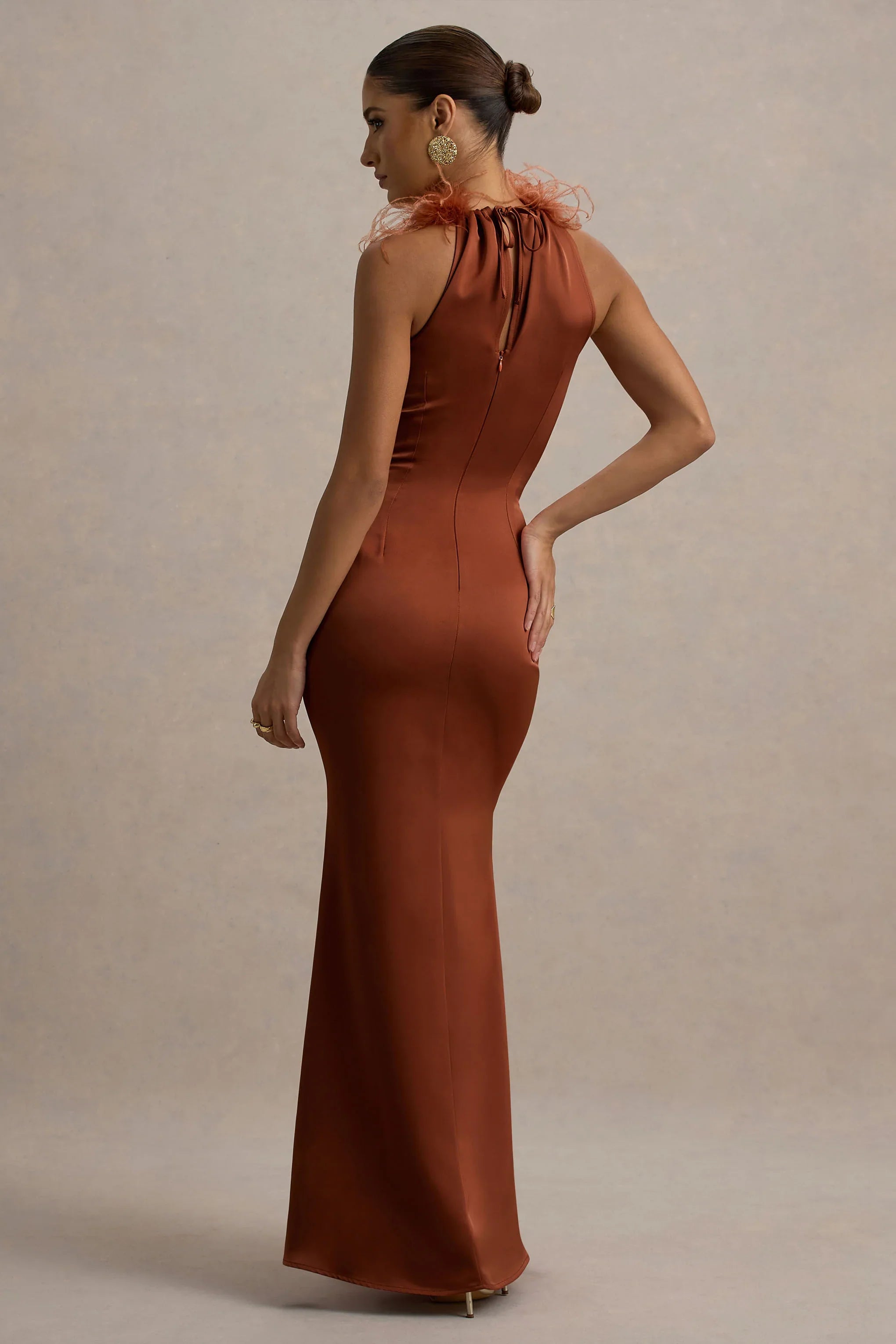Bianca Rust Satin Feather Trim Maxi Dress