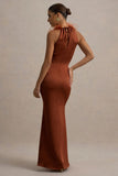Bianca Rust Satin Feather Trim Maxi Dress