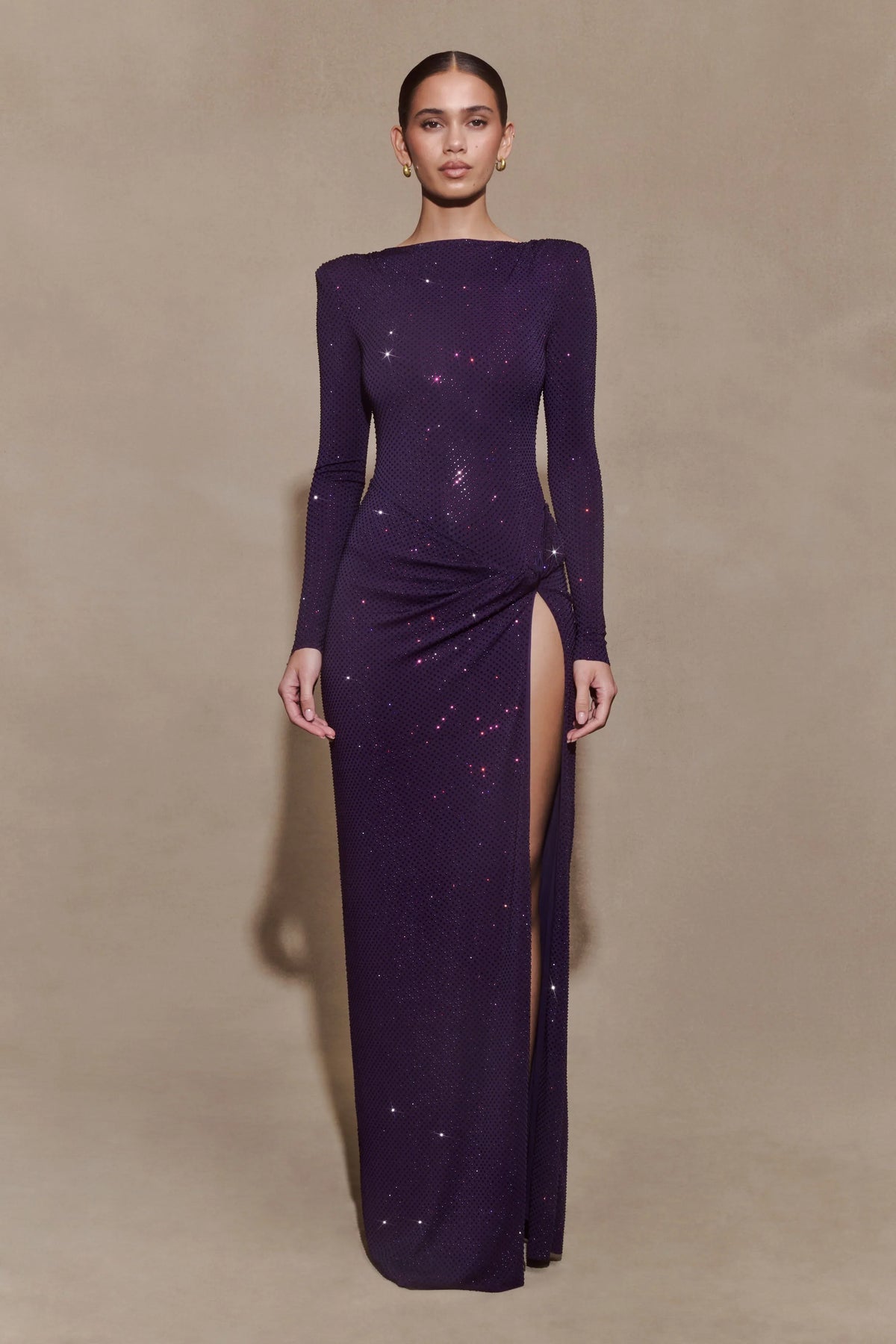 Deanna Long Sleeve Diamante Maxi Dress Purple