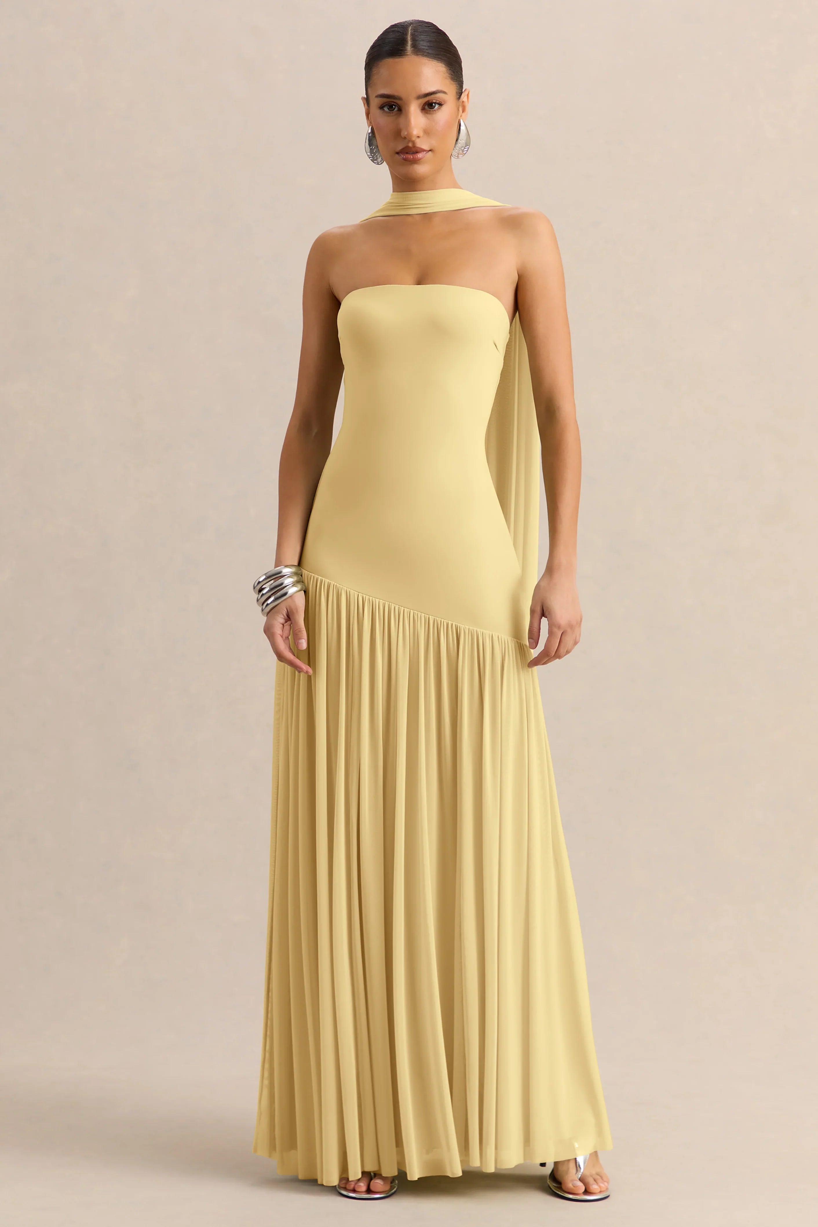 Bambi Lemon Bandeau Neck Maxi Dress With Scarf Detail