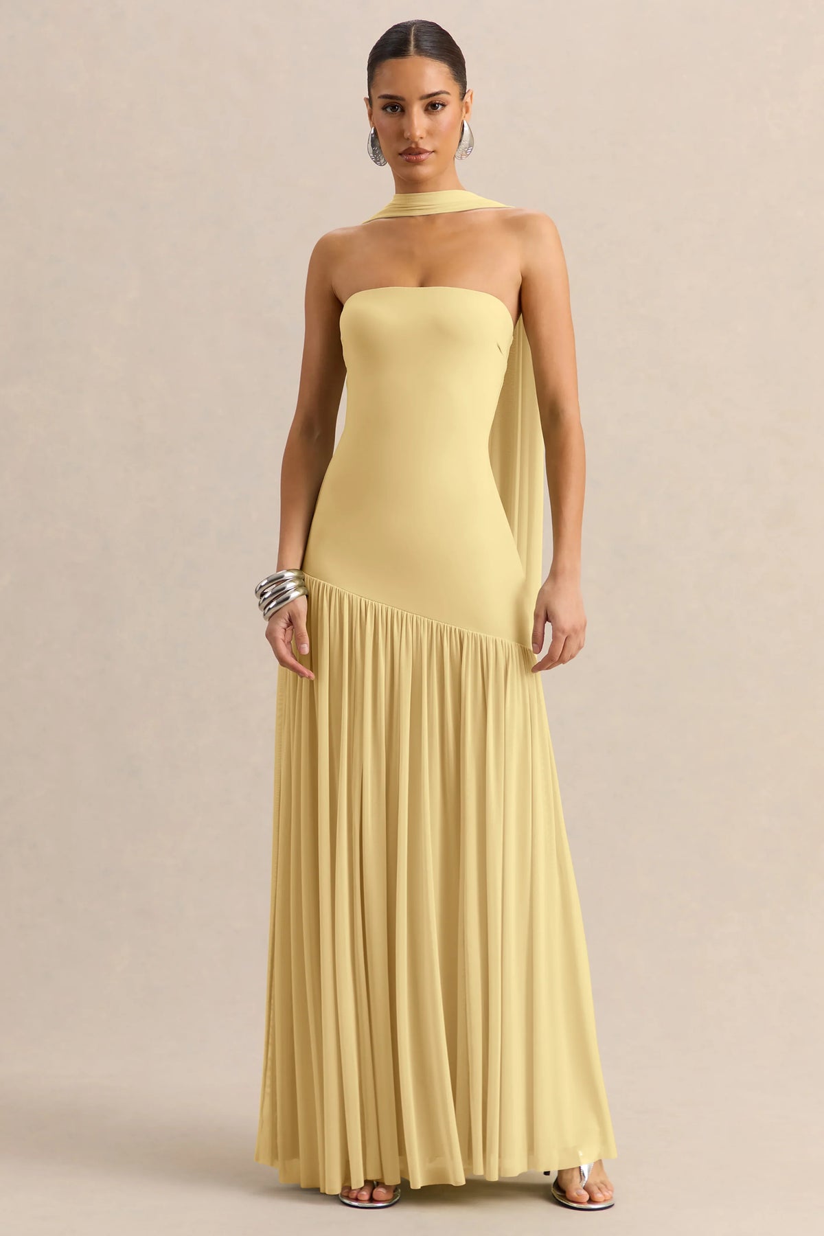 Bambi Lemon Bandeau Neck Maxi Dress With Scarf Detail