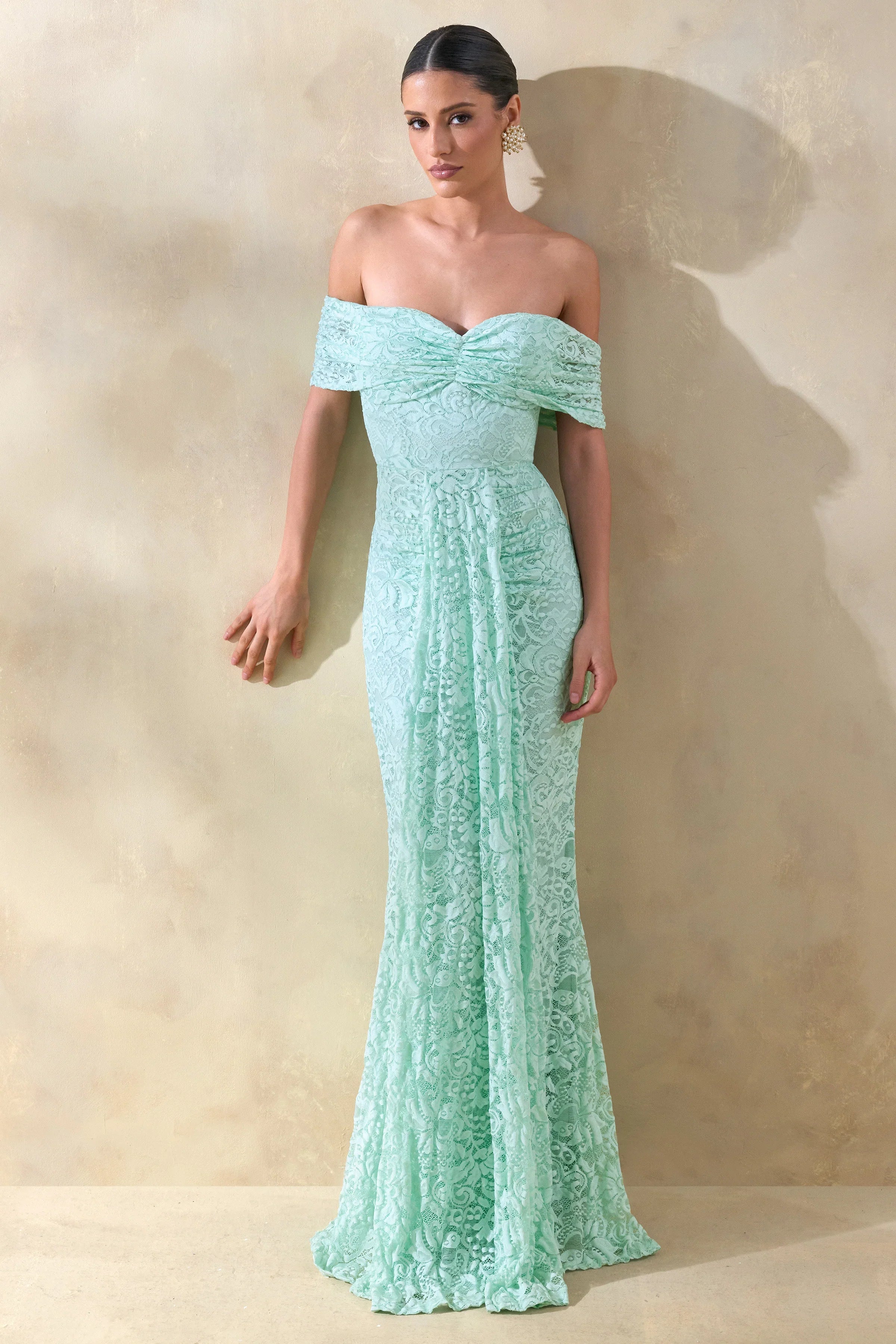 Aries Mint Lace Bardot Neck Maxi Dress With Gathered Detailing