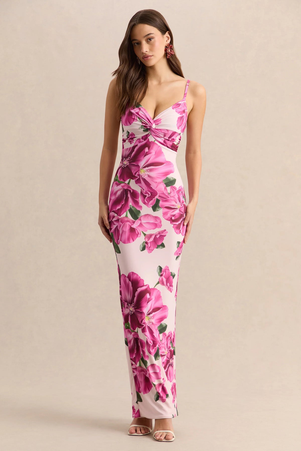 Luz Pink Hibiscus Floral Print Strappy Maxi Dress