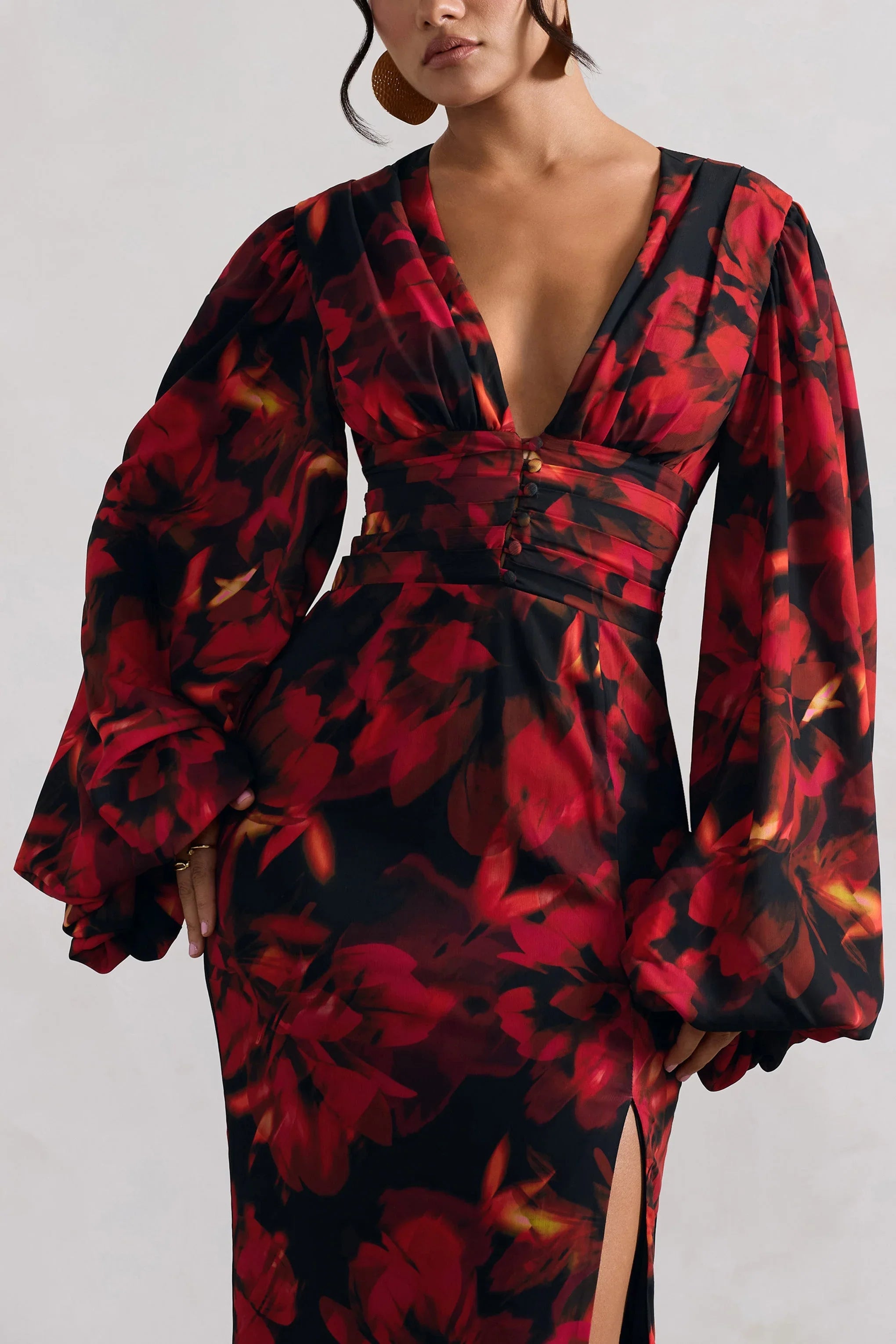 Casarile Red Floral Print V Neck Balloon Sleeve Maxi Dress