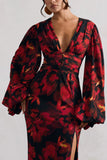 Casarile Red Floral Print V Neck Balloon Sleeve Maxi Dress