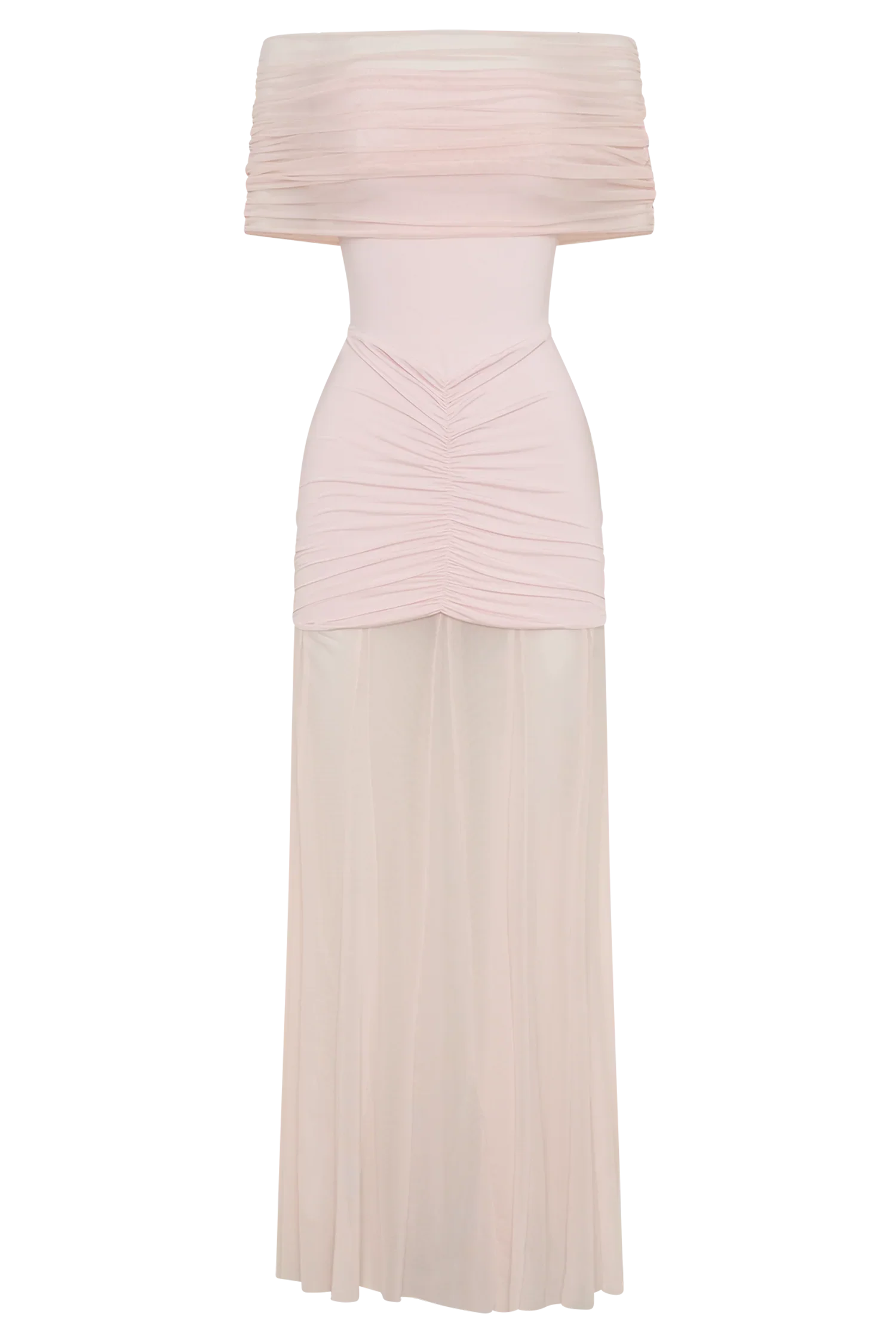 Caspian Slinky And Mesh Off Shoulder Maxi Dress Pale Pink