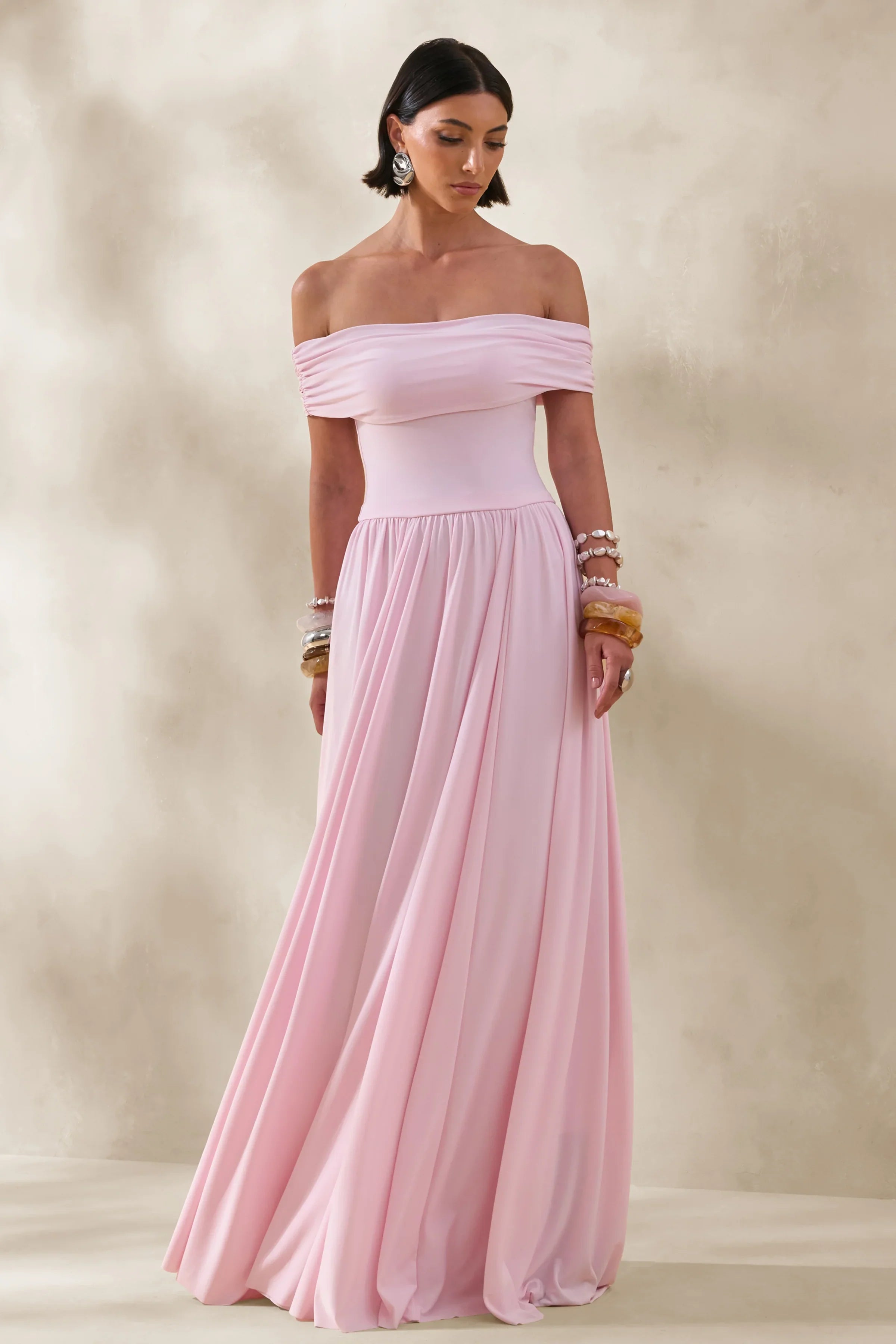 Cindie Pink Bardot Neck Maxi Dress