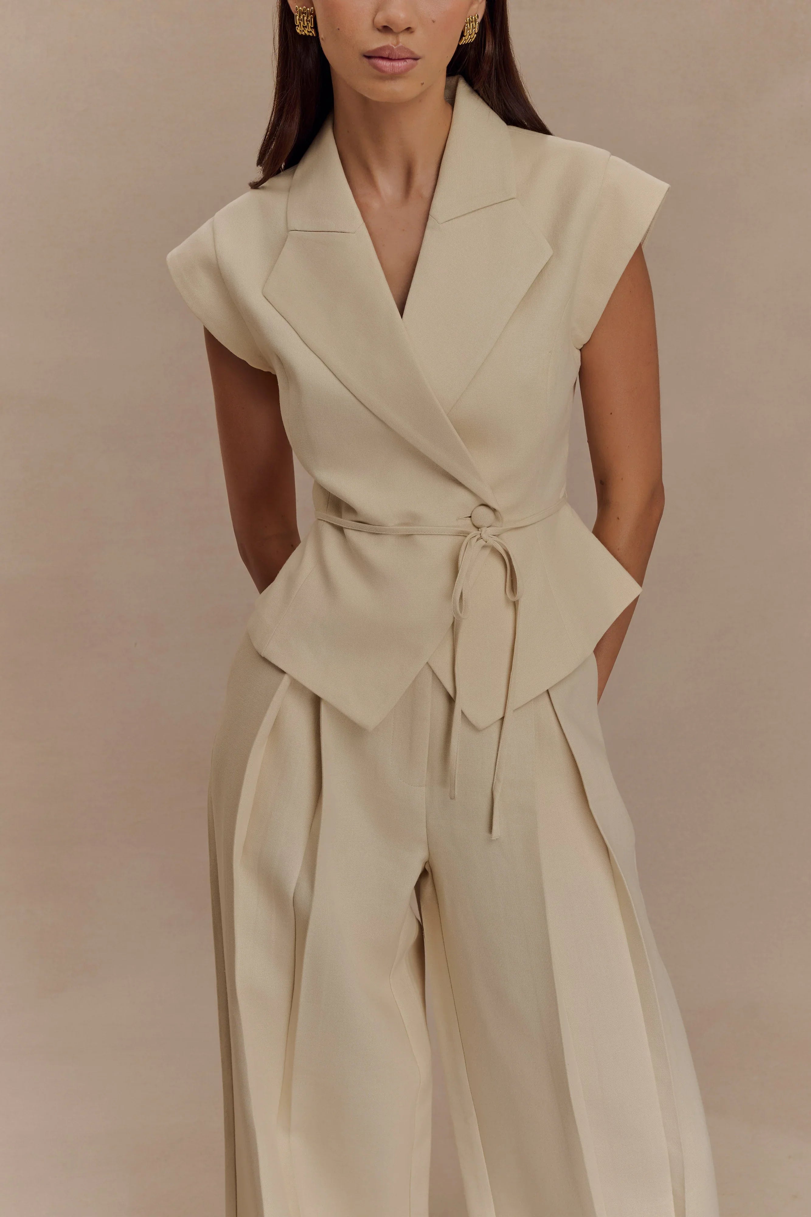 Raya Mid Rise Wide Leg Linen Pant Natural Beige