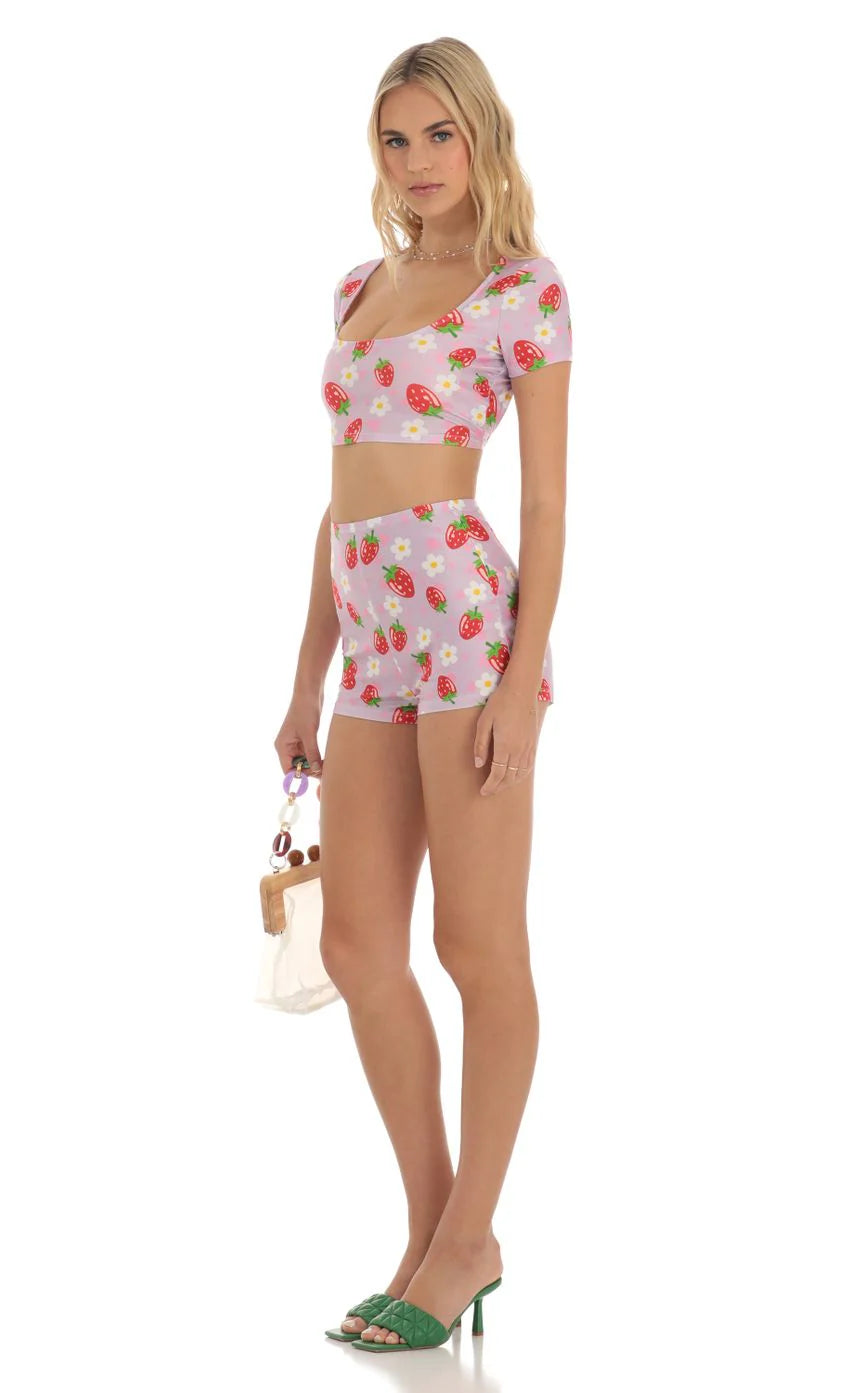 Strawberry Floral Two Piece Short Set in Purple