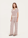 White And Brown Stripe Ribbed Short Sleeve Jersey Polo Top