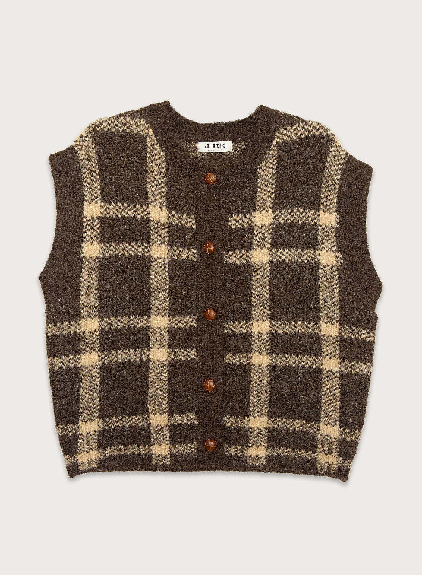 Brown Check Knitted Button Sweater Vest