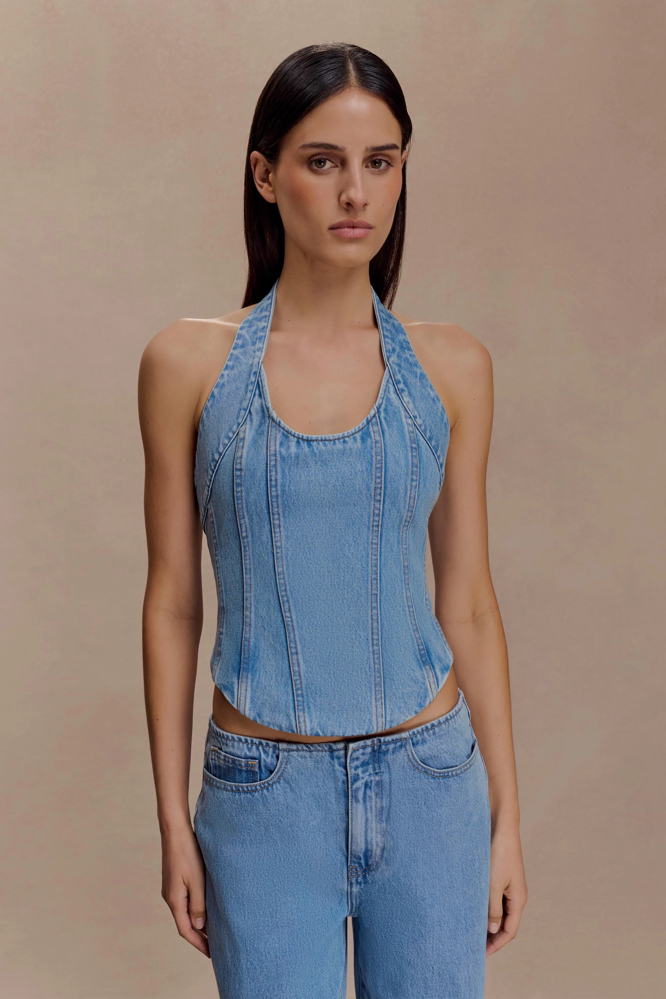 Meadow Denim Corset Halter Top Classic Blue