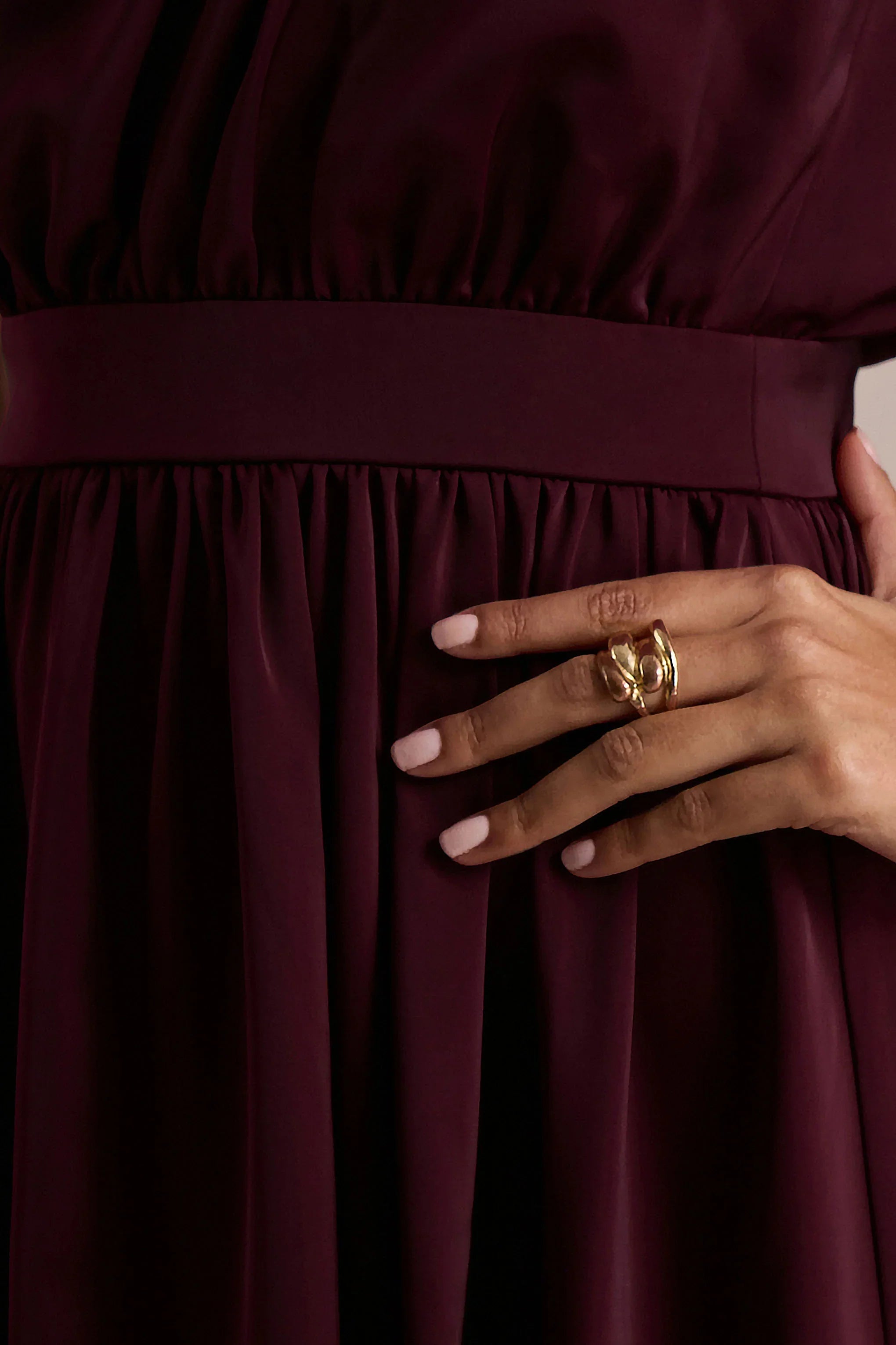 Caluna Burgundy Satin Asymmetric Neck Midi Dress With Scarf Detail