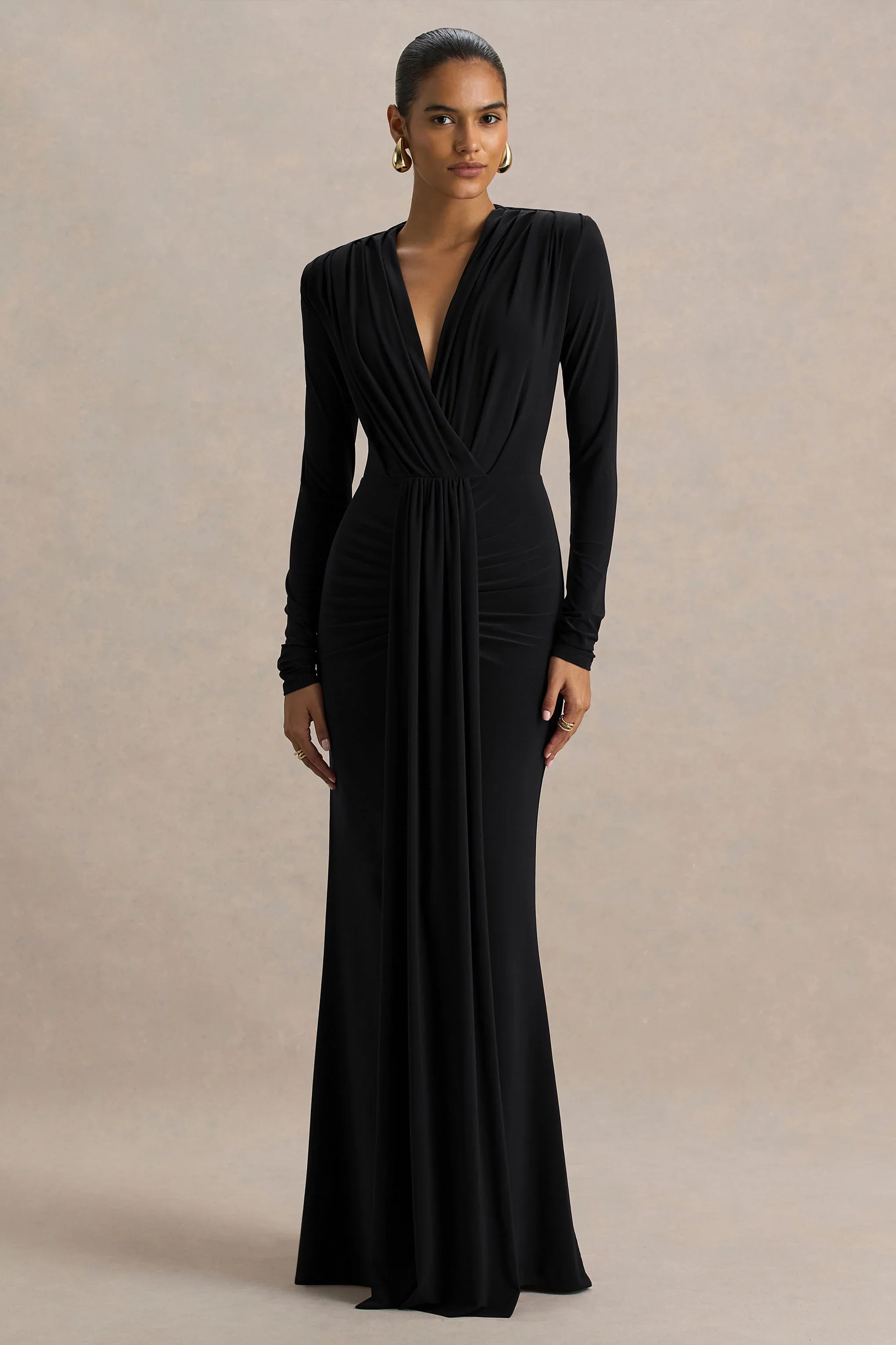 Flashy Black Plunge Neck Maxi Dress With Ruched Detailing