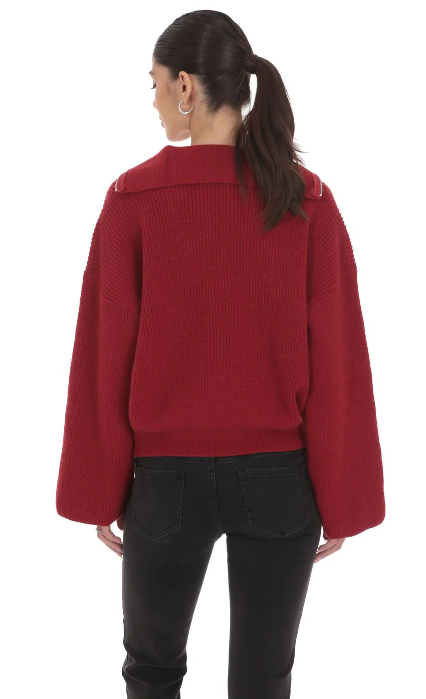 Knit Quarter Zip Jumper in Maroon
