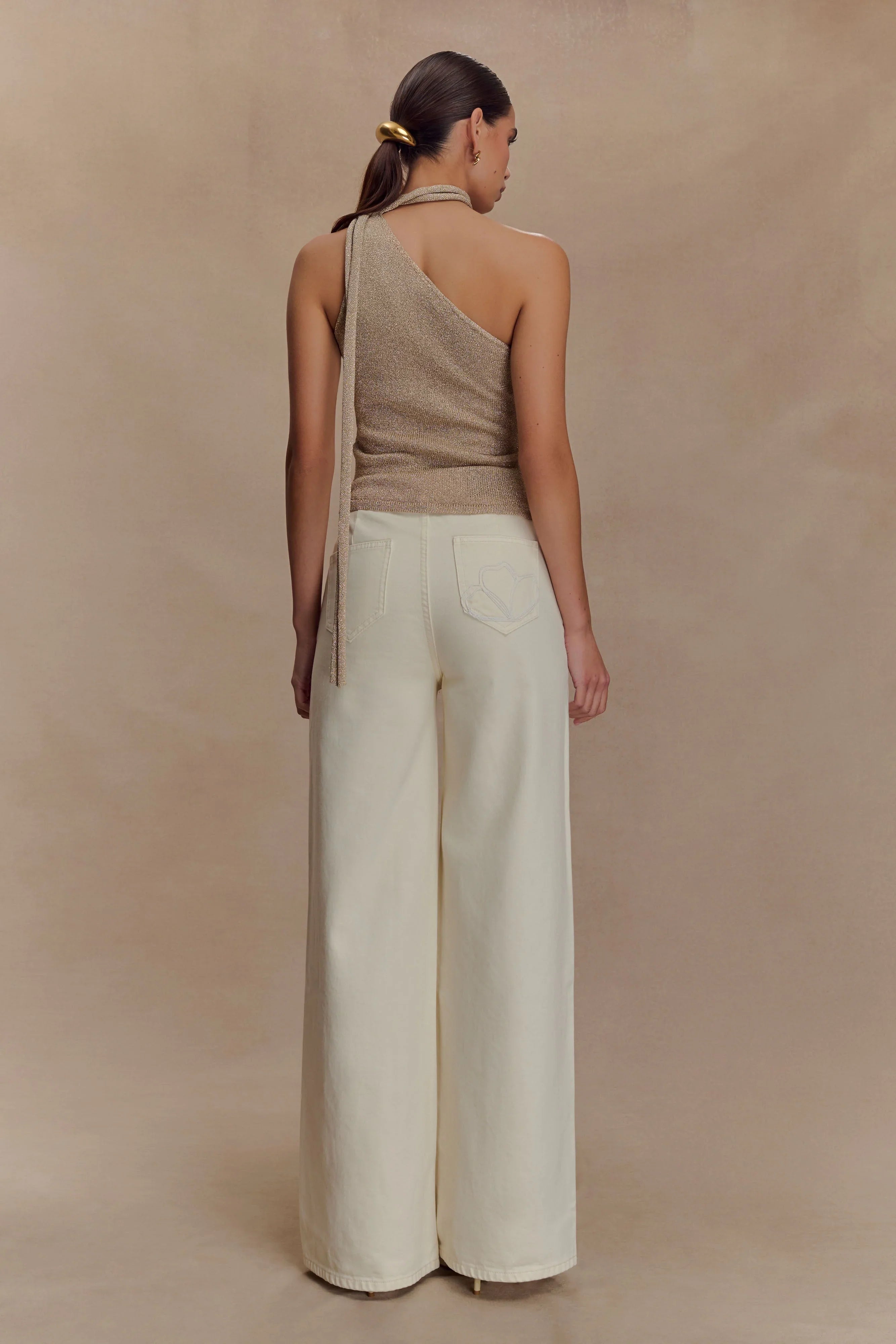 Leone One Shoulder Metallic Knit Top Gold