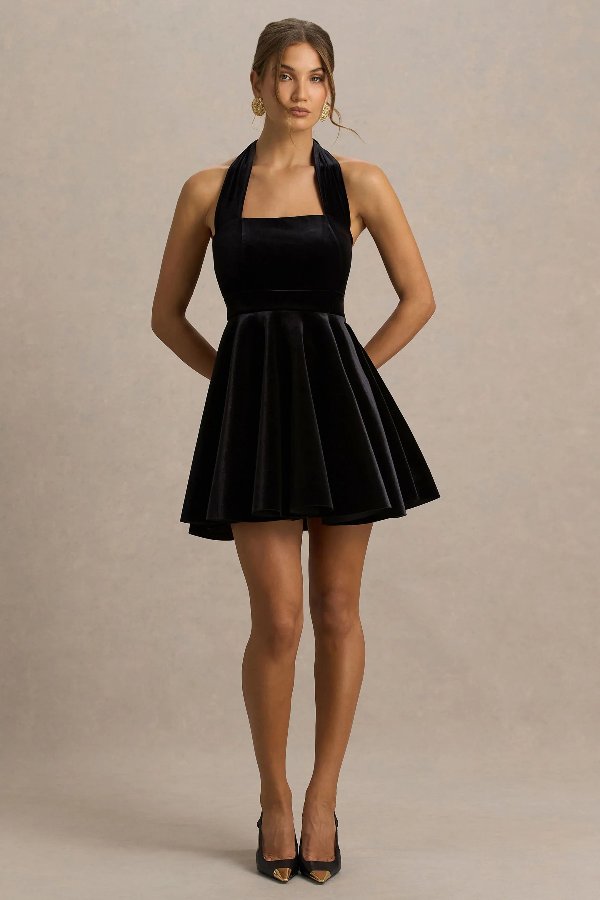 Mirage Black Velvet Halter Neck Mini Dress With Skater Skirt