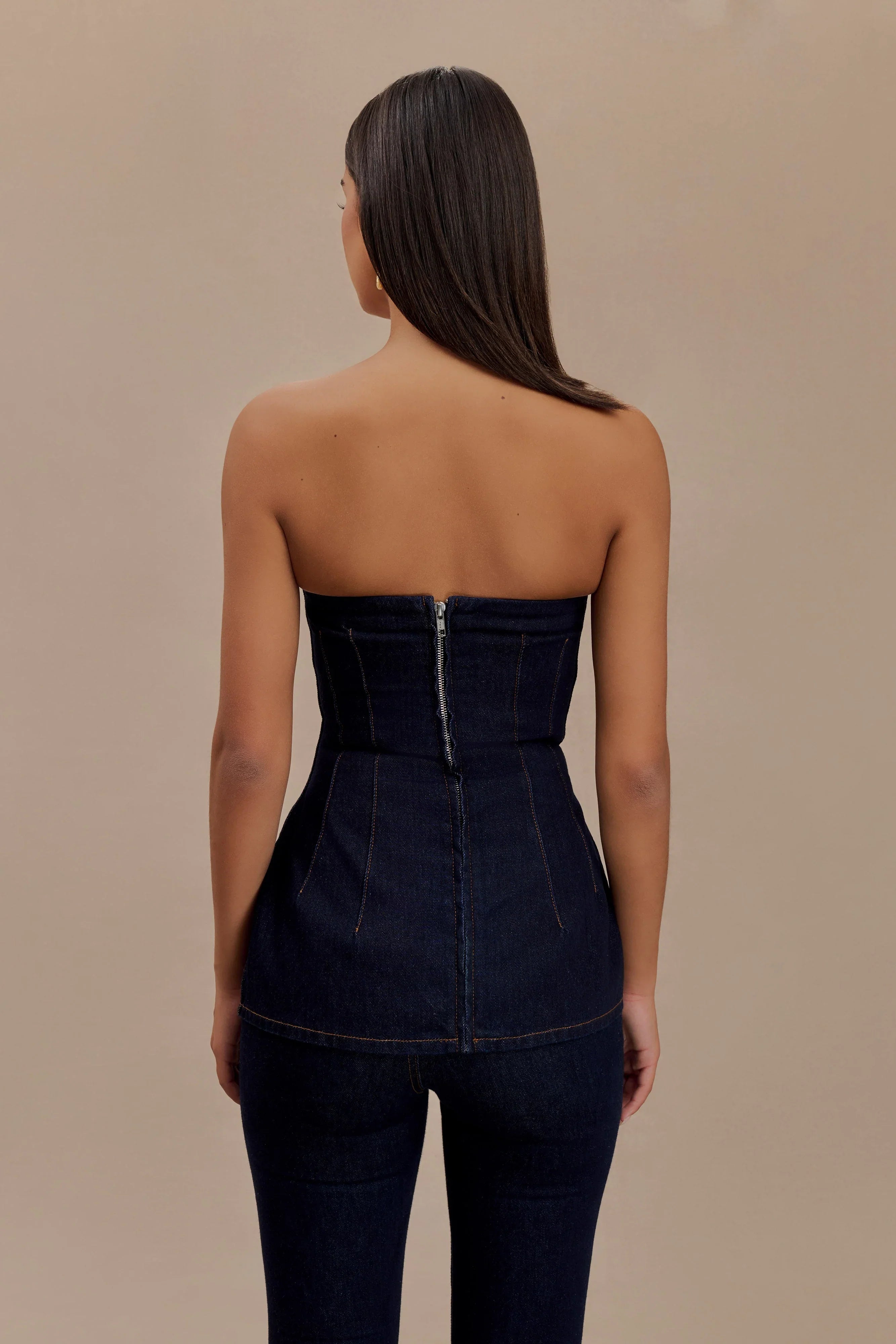 Madelyn Strapless Longline Denim Top Indigo Blue