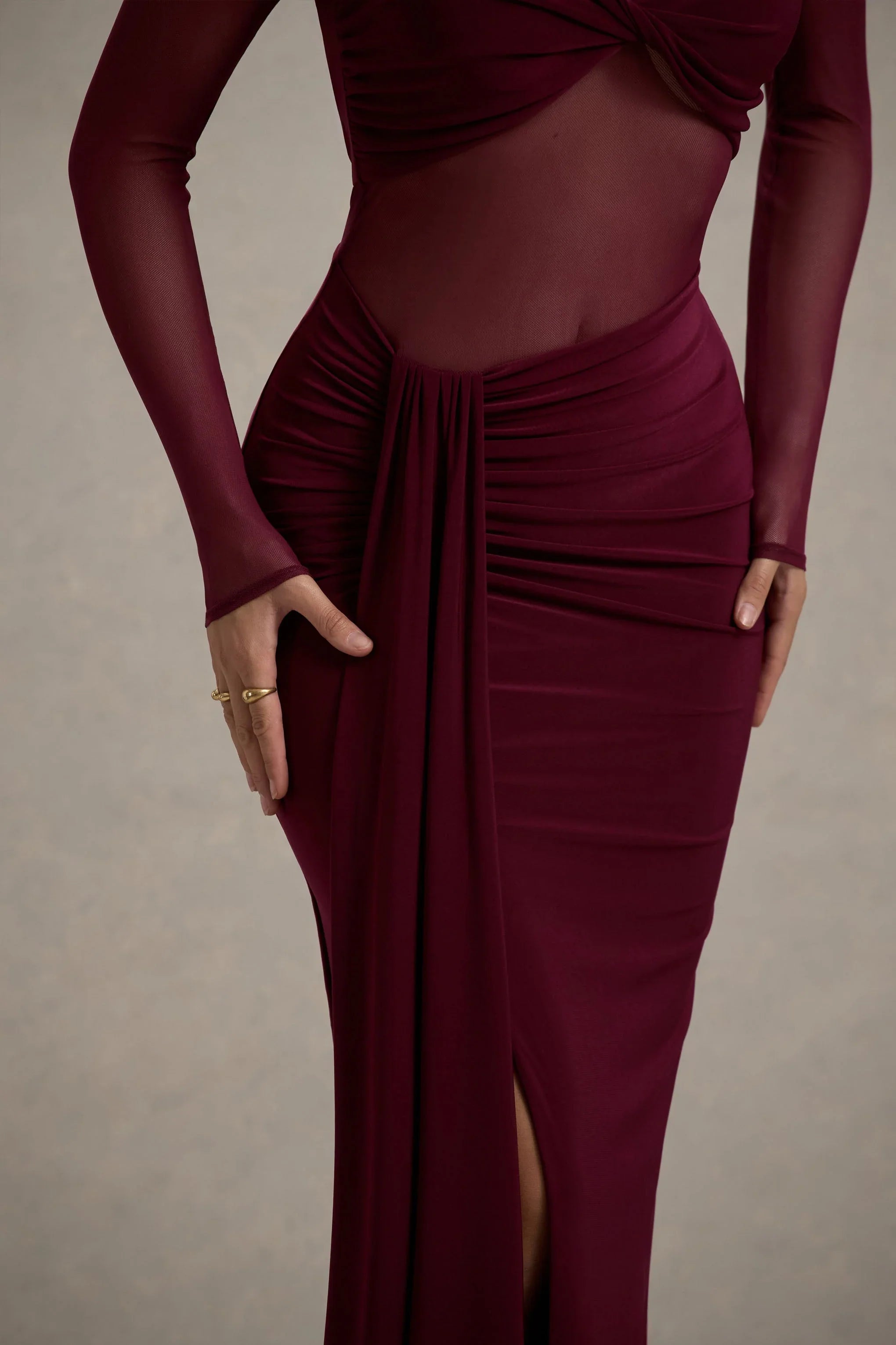 Cover Star Burgundy Mesh Bardot Long Sleeve Draped Maxi Dress