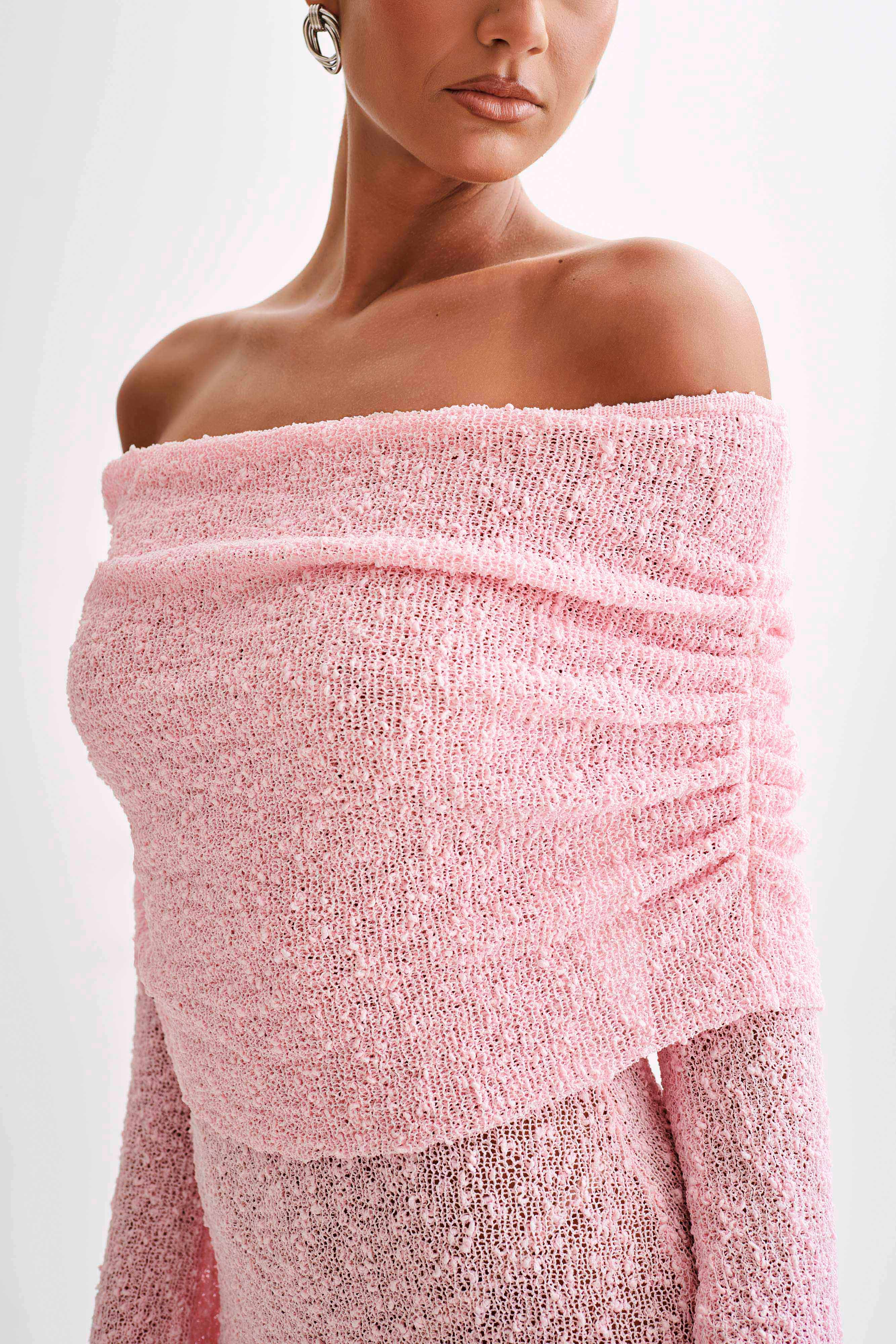 Marisol Off Shoulder Boucle Mini Dress Baby Pink