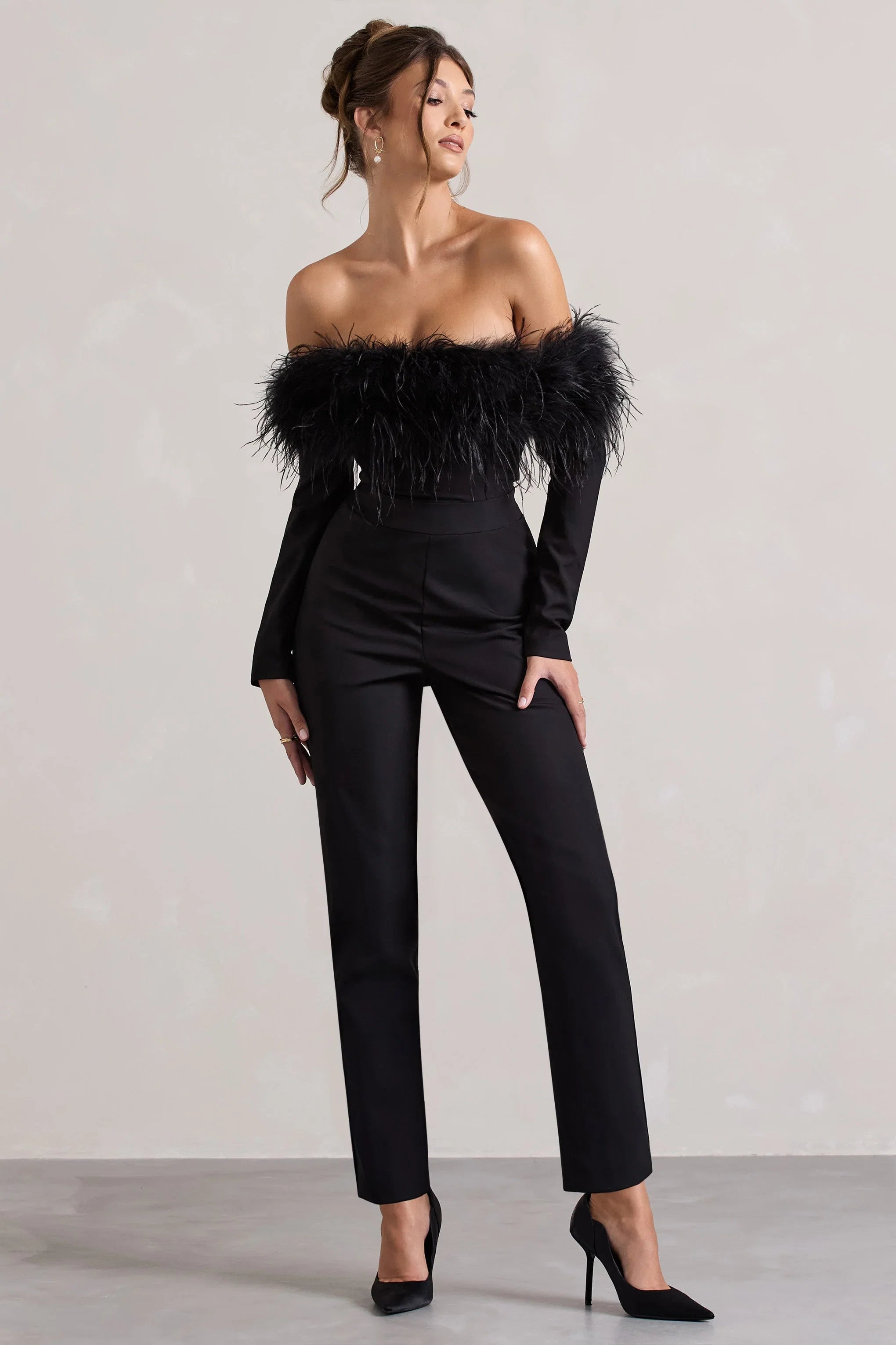 Ales Black Bardot Tailored Straight Leg Jumpsuit With Feather Trim