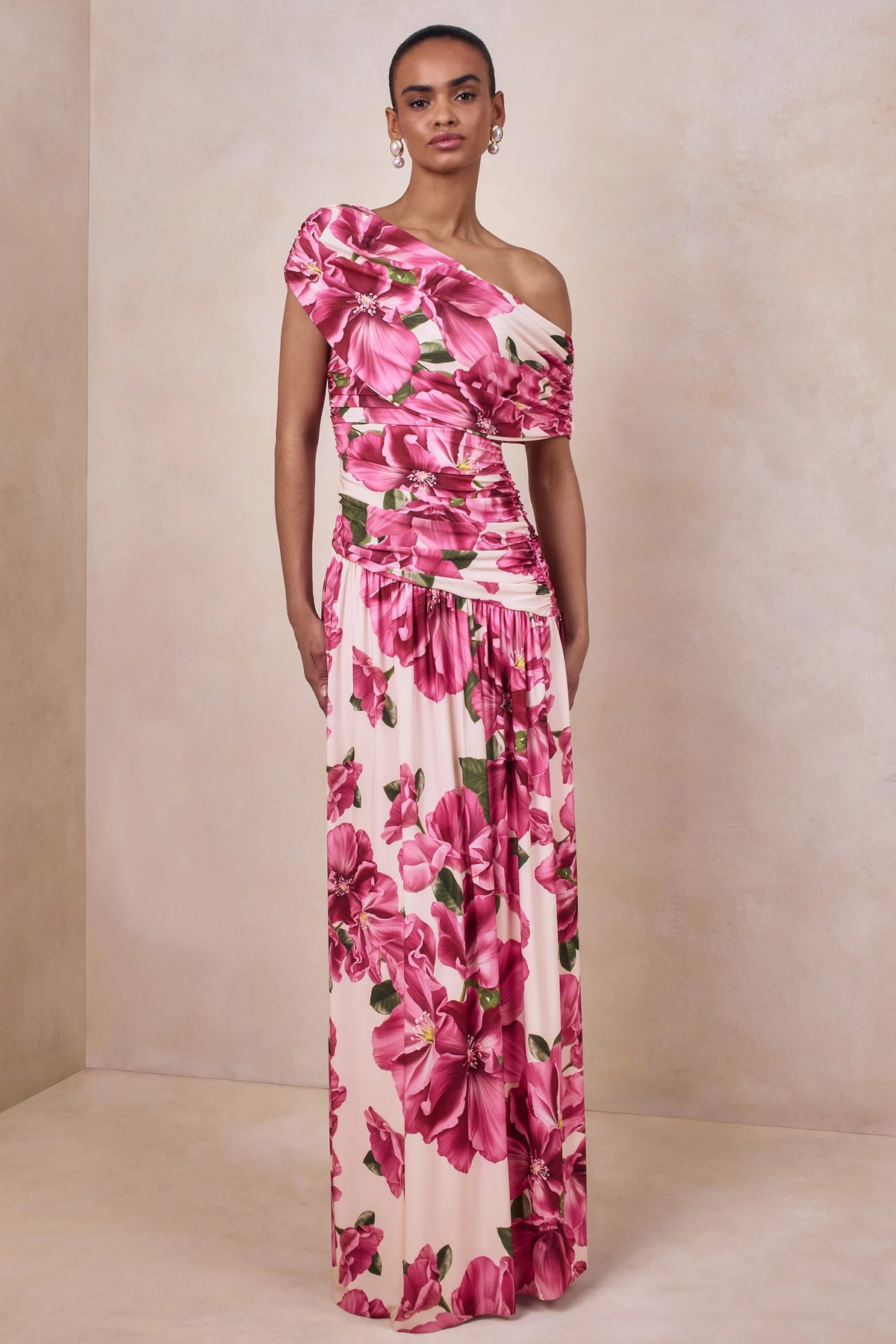 Emberly Pink Hibiscus Floral Print Asymmetric Neck Maxi Dress With Drop Waist