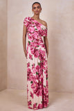 Emberly Pink Hibiscus Floral Print Asymmetric Neck Maxi Dress With Drop Waist