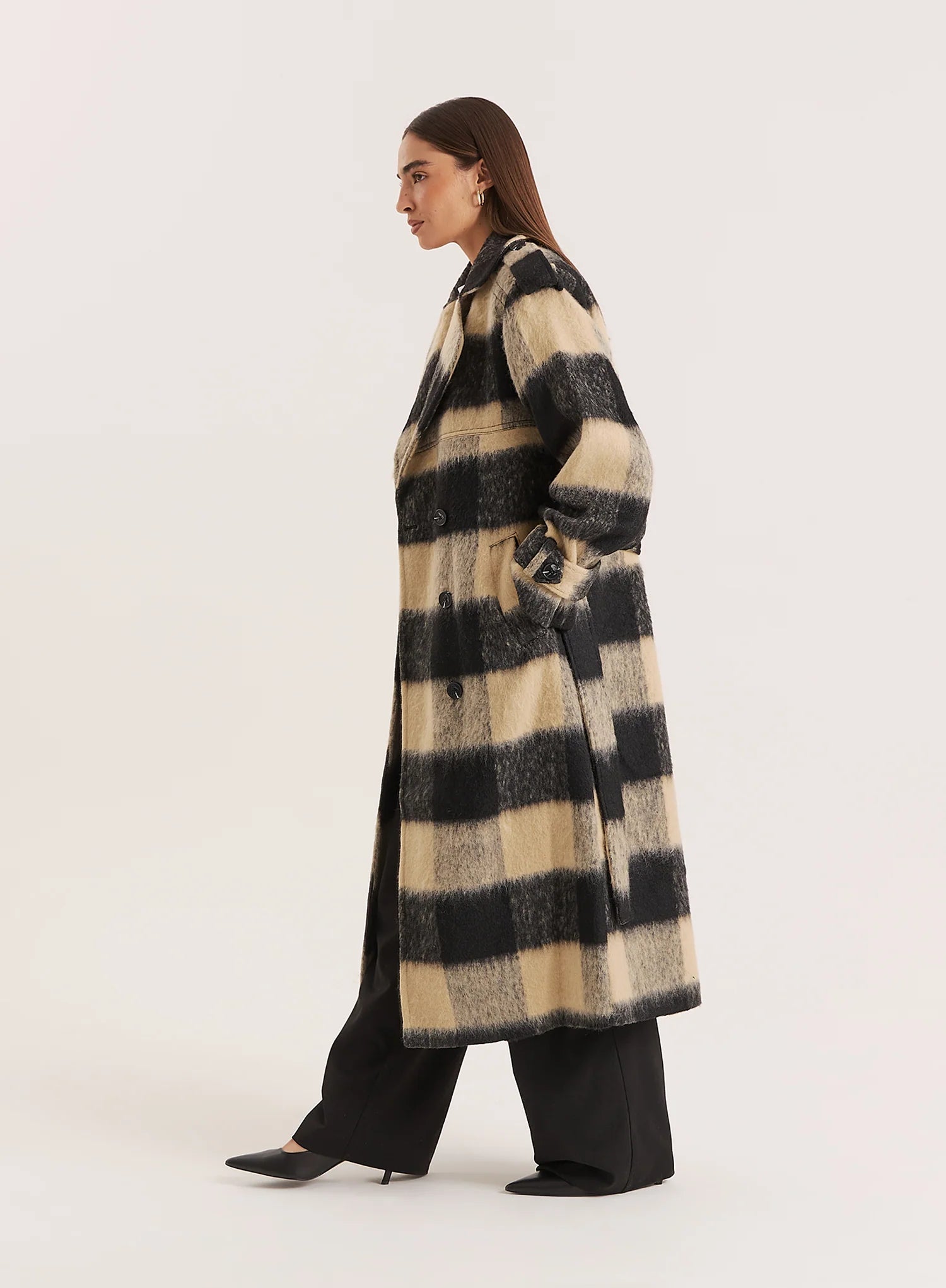 Black Beige Check Longline Belted Trench Coat