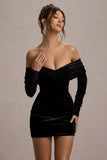 Gilda Black Velvet Bardot Long Sleeve Mini Dress