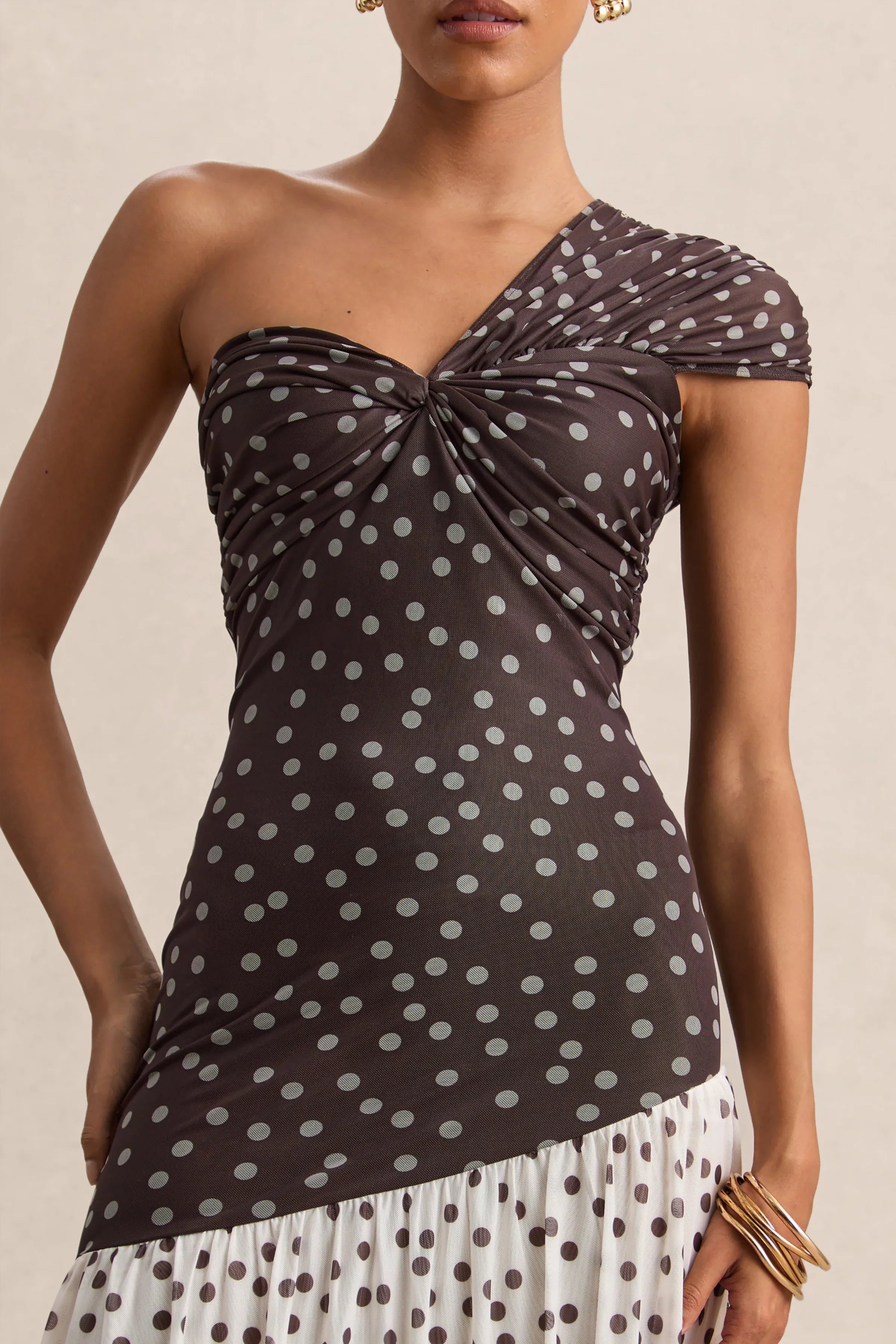 Motira Brown Polka Dot Asymmetric Neck Maxi Dress With Asymmetric Drop Waist