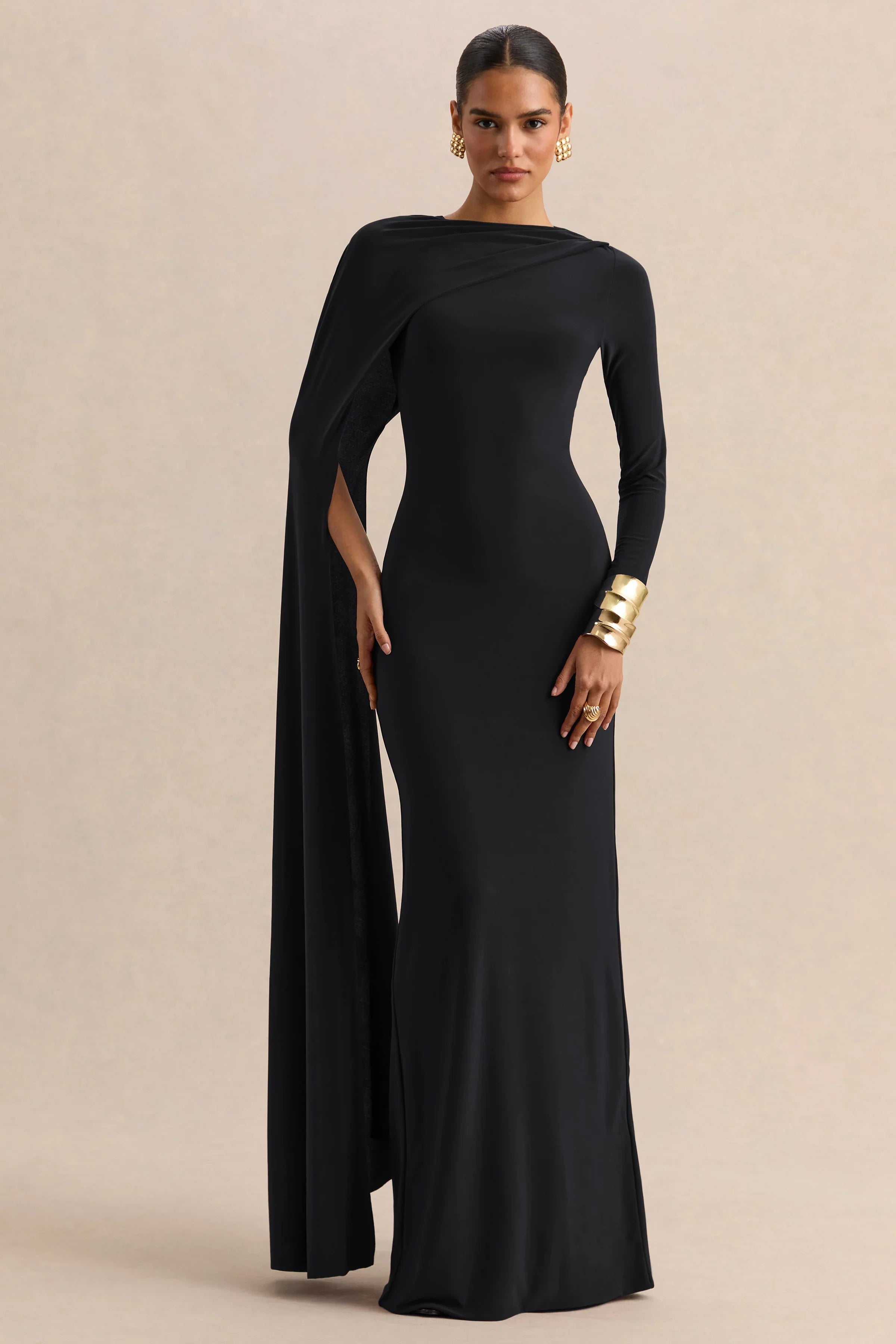 Halina Black High Neck Maxi Dress With Cape Sleeve
