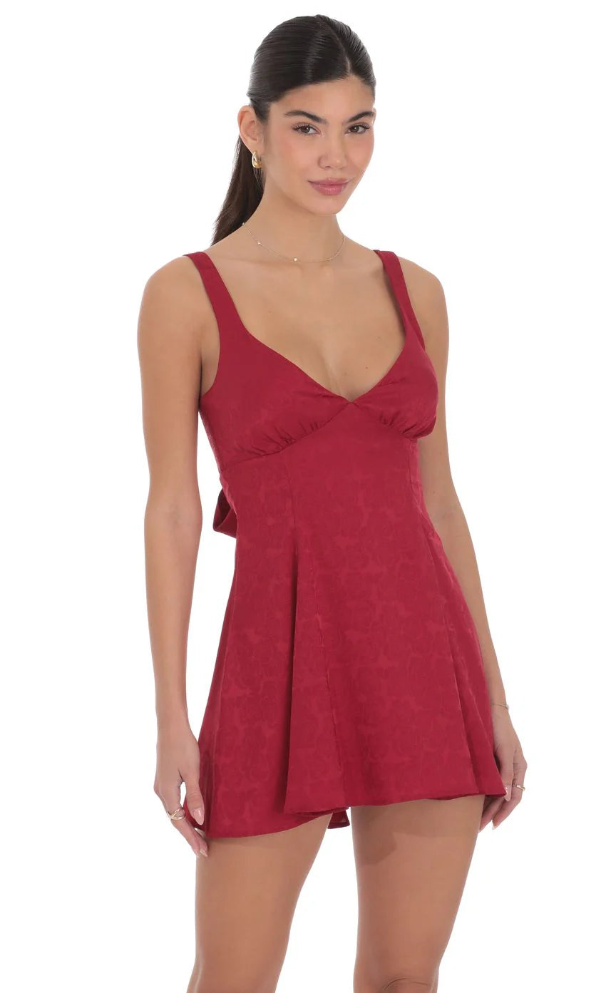 Floral Jacquard Bow Tie Dress in Maroon