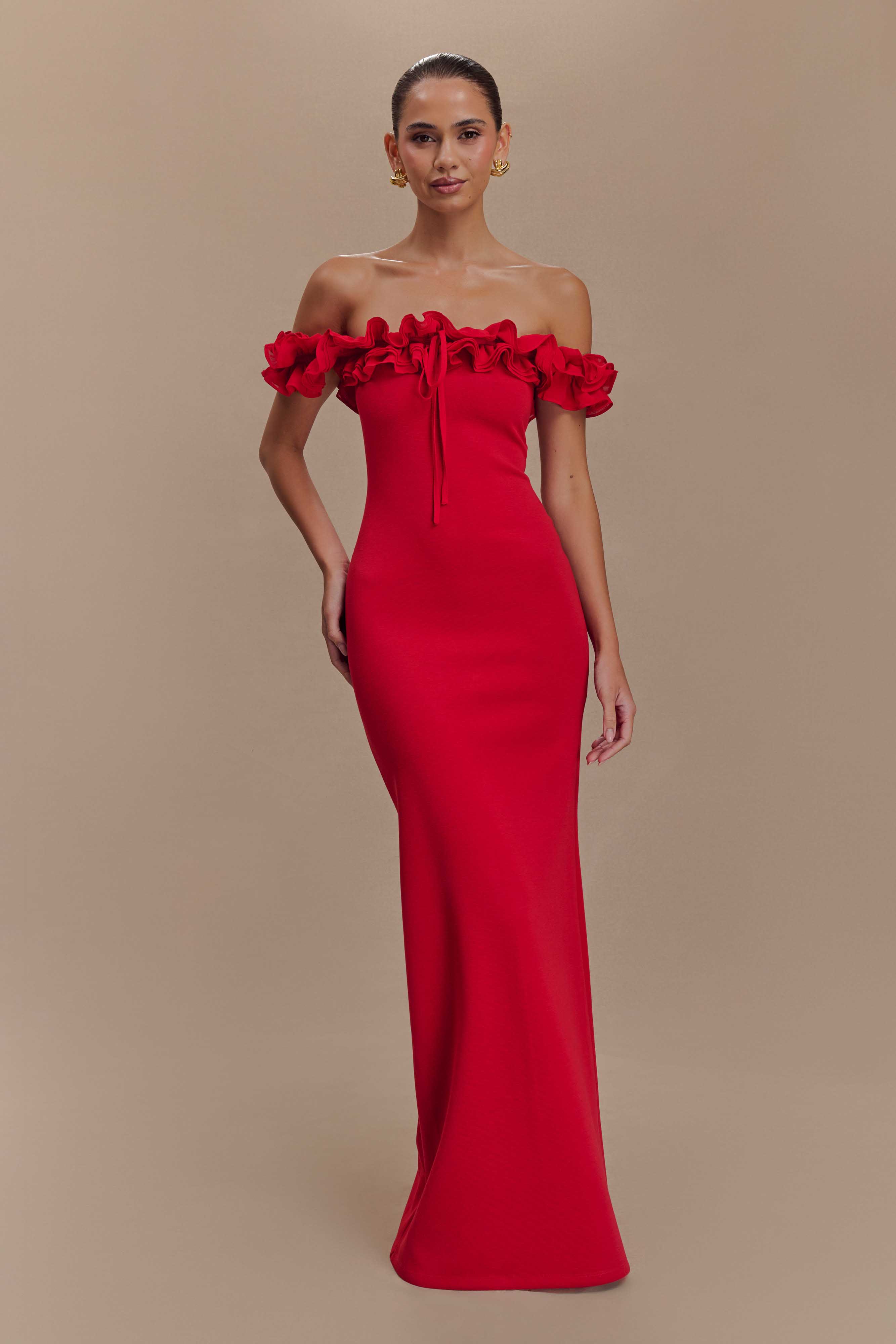 Nova Ruffle Off Shoulder Maxi Dress Ruby