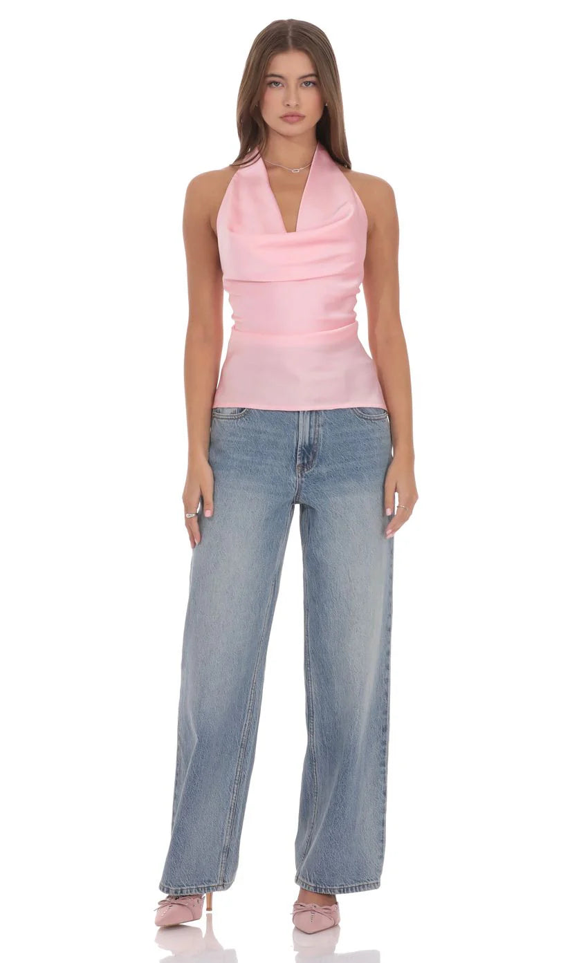 Satin Cowl Neck Top in Pink