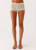 Pearl Shore Beaded Crochet Mini Shorts Ivory