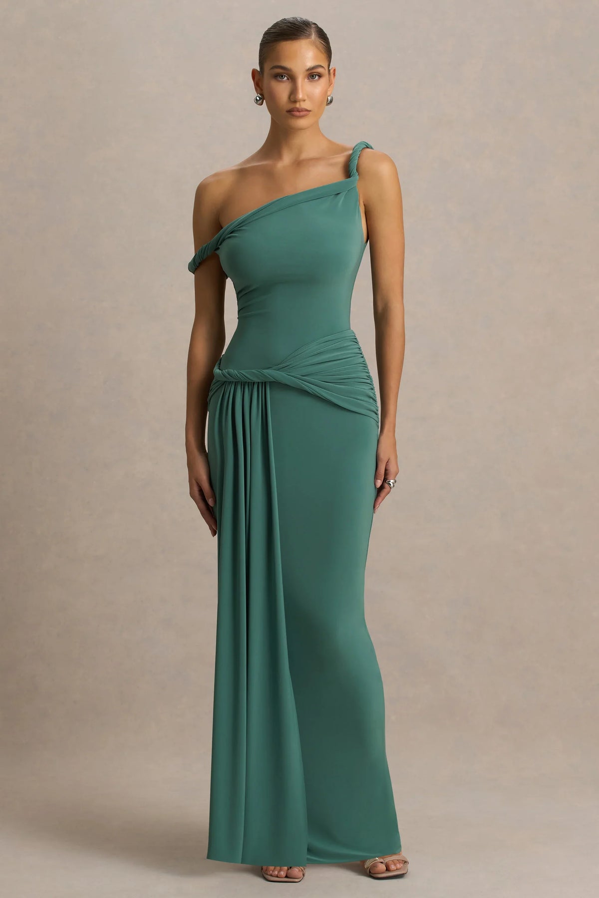 Tulisa Green Asymmetric Neck Maxi Dress With Twist Sleeves And Ruched Detailing