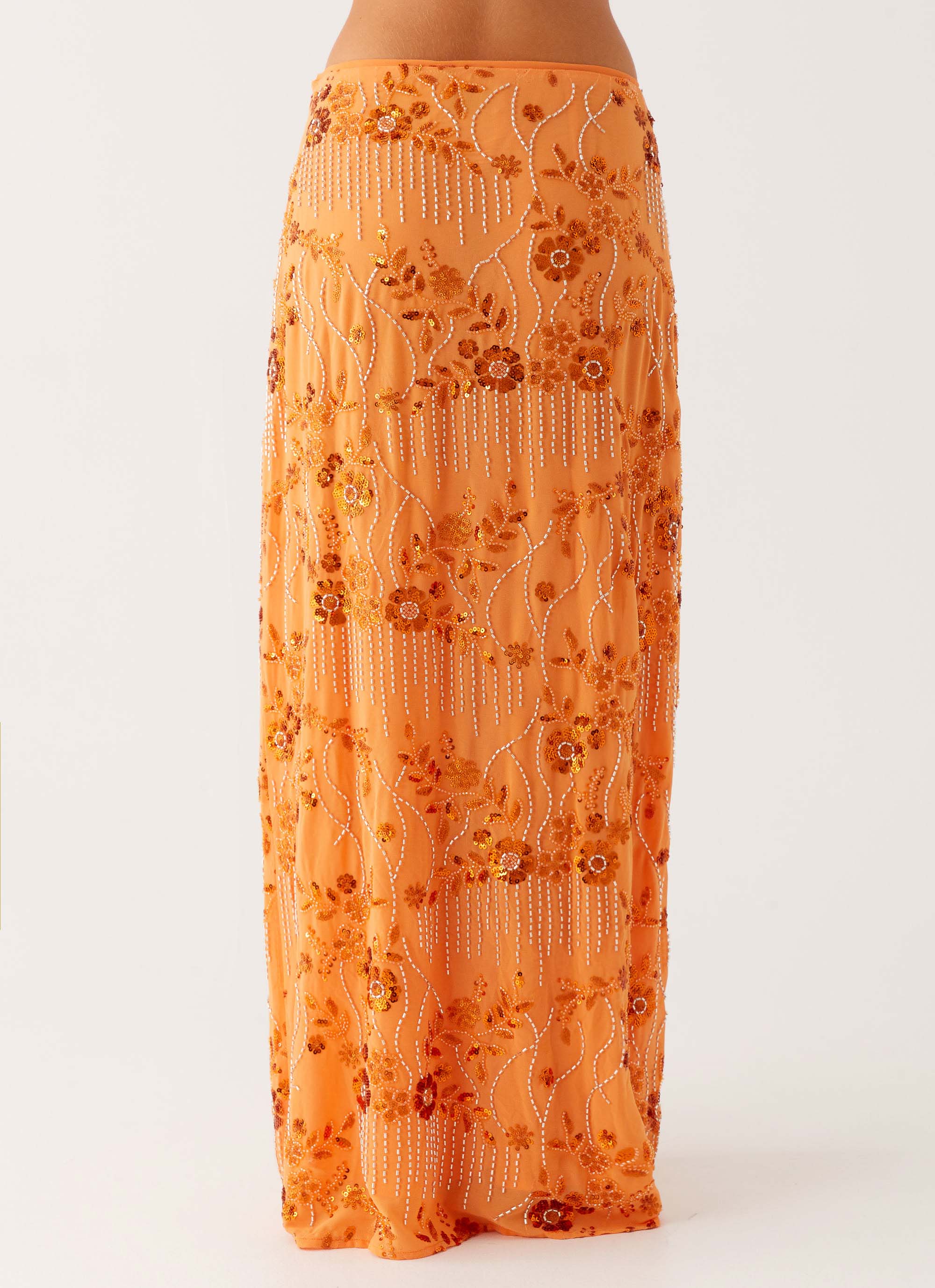 Corinna Low Rise Sequin Maxi Skirt Orange