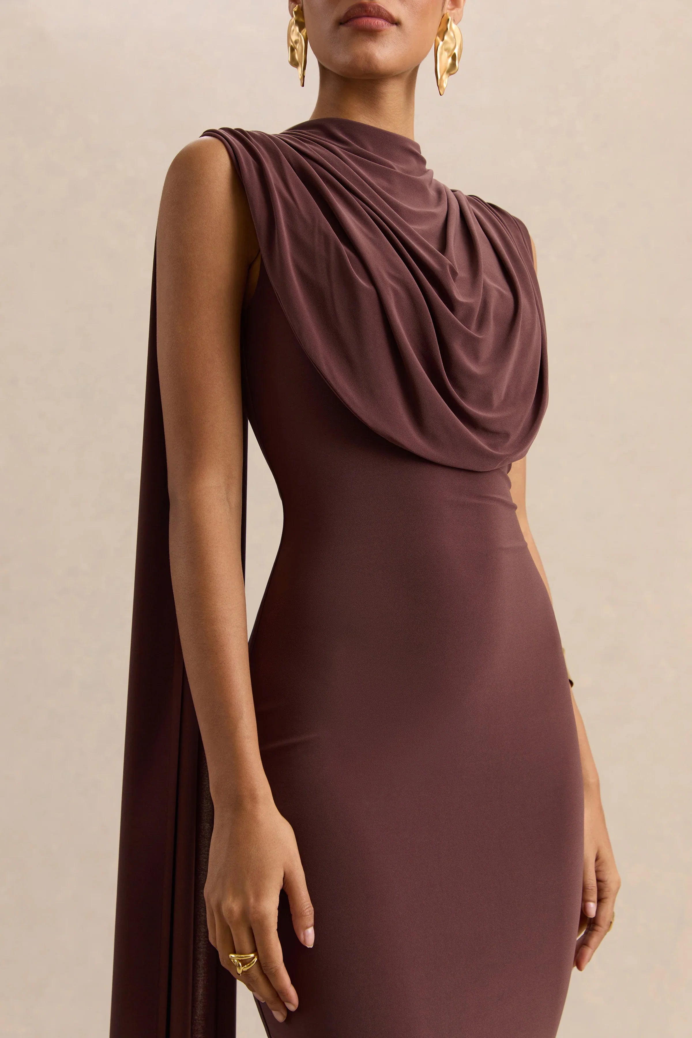 Patrina Brown High Neck Maxi Dress With Draped Detailing And Cape Sleeves