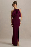 Set The Bar Plum Ruffled Strapless Split Maxi Dress